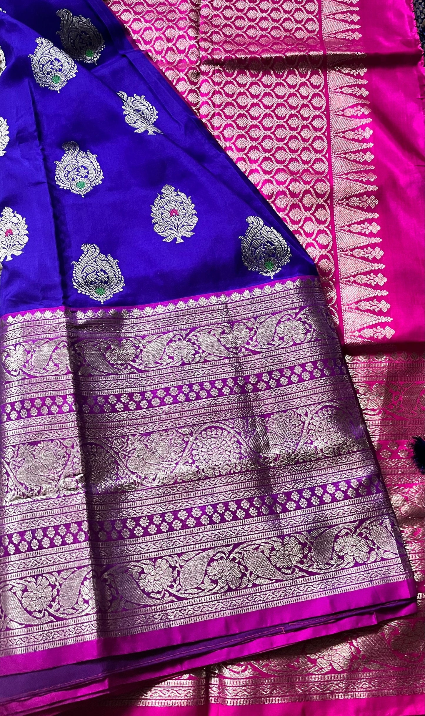 Pure Silk Venkatagiri Meenakari big border saree | Blue with Pink | Silver Zari | Handloom | Wedding | Party | Sattva Weaves | USA