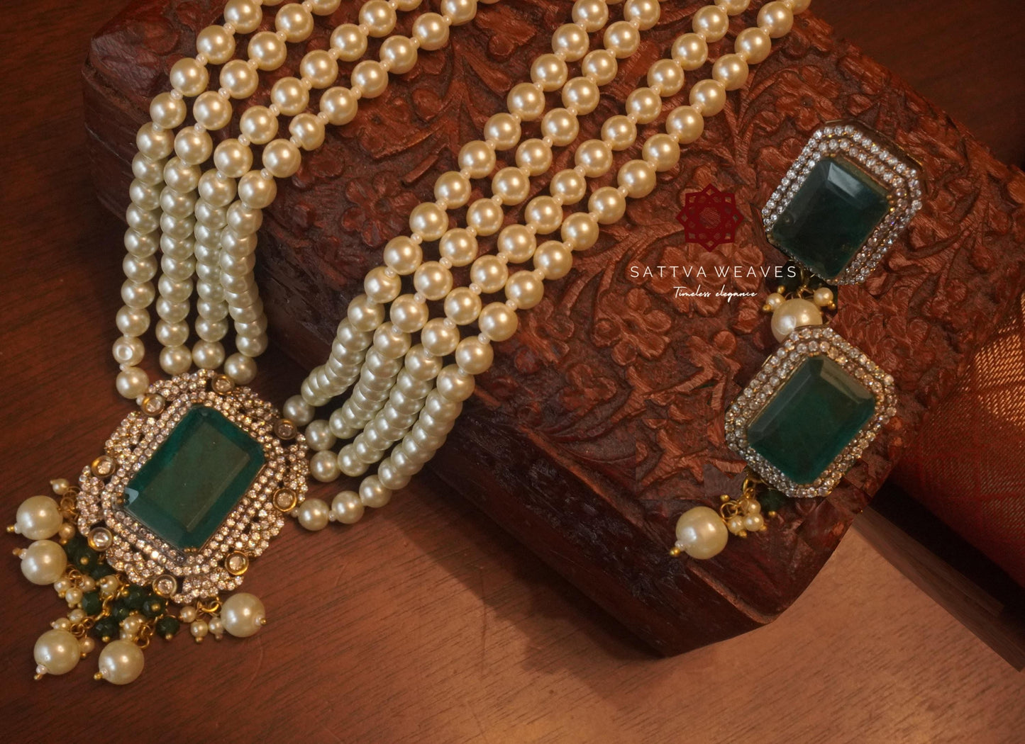Premium Emerald Green Sabyasachi Inspired Moissanite Polki Pearl Necklace set | Handmade Jewelry | Sattva Weaves | Ships from USA