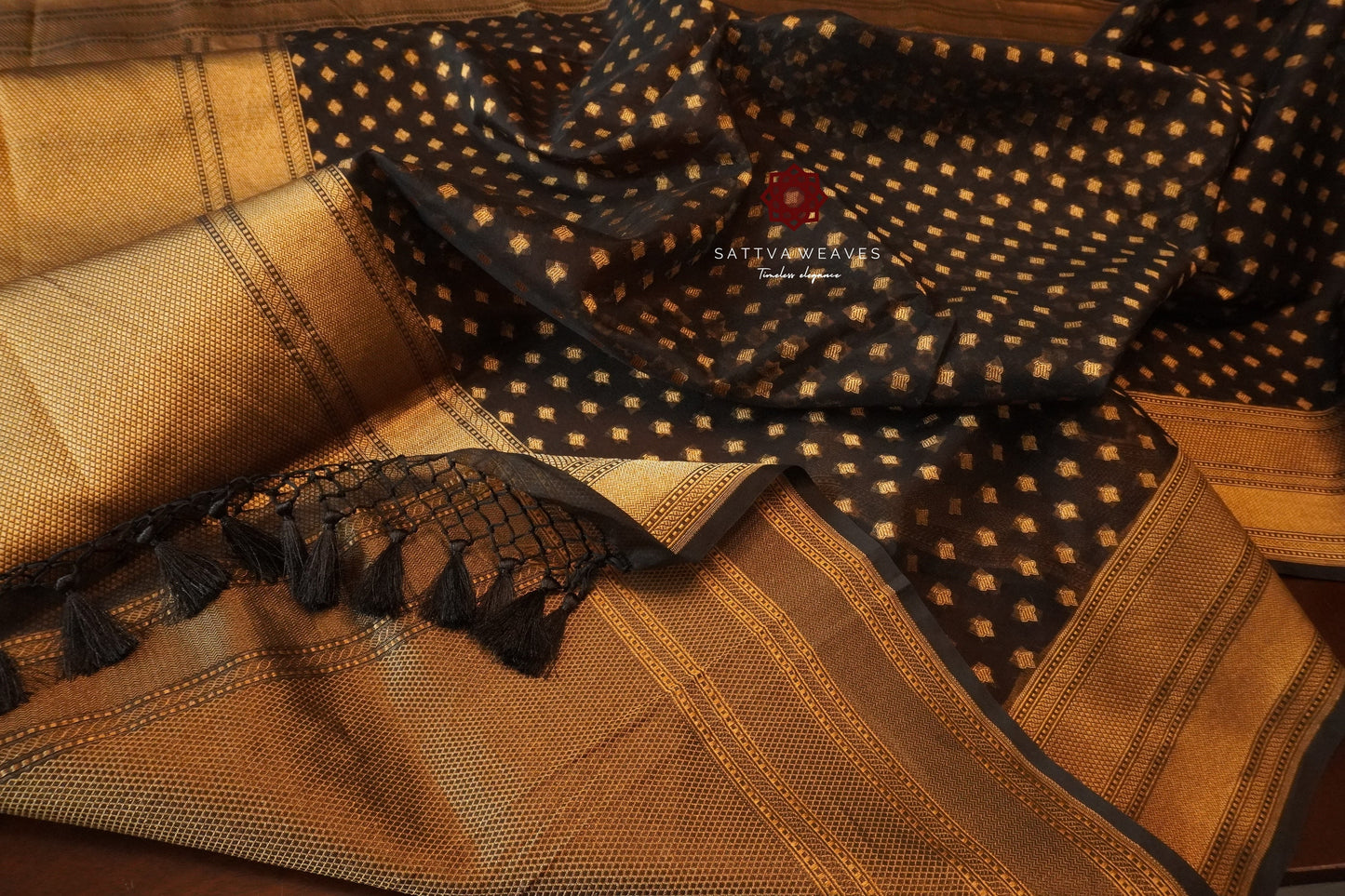 Banarasi Pure Silk Organza Kora Sari | Sheer | Handcrafted | Black and Gold saree | Golden Zari | Handloom | Sattva Weaves | USA