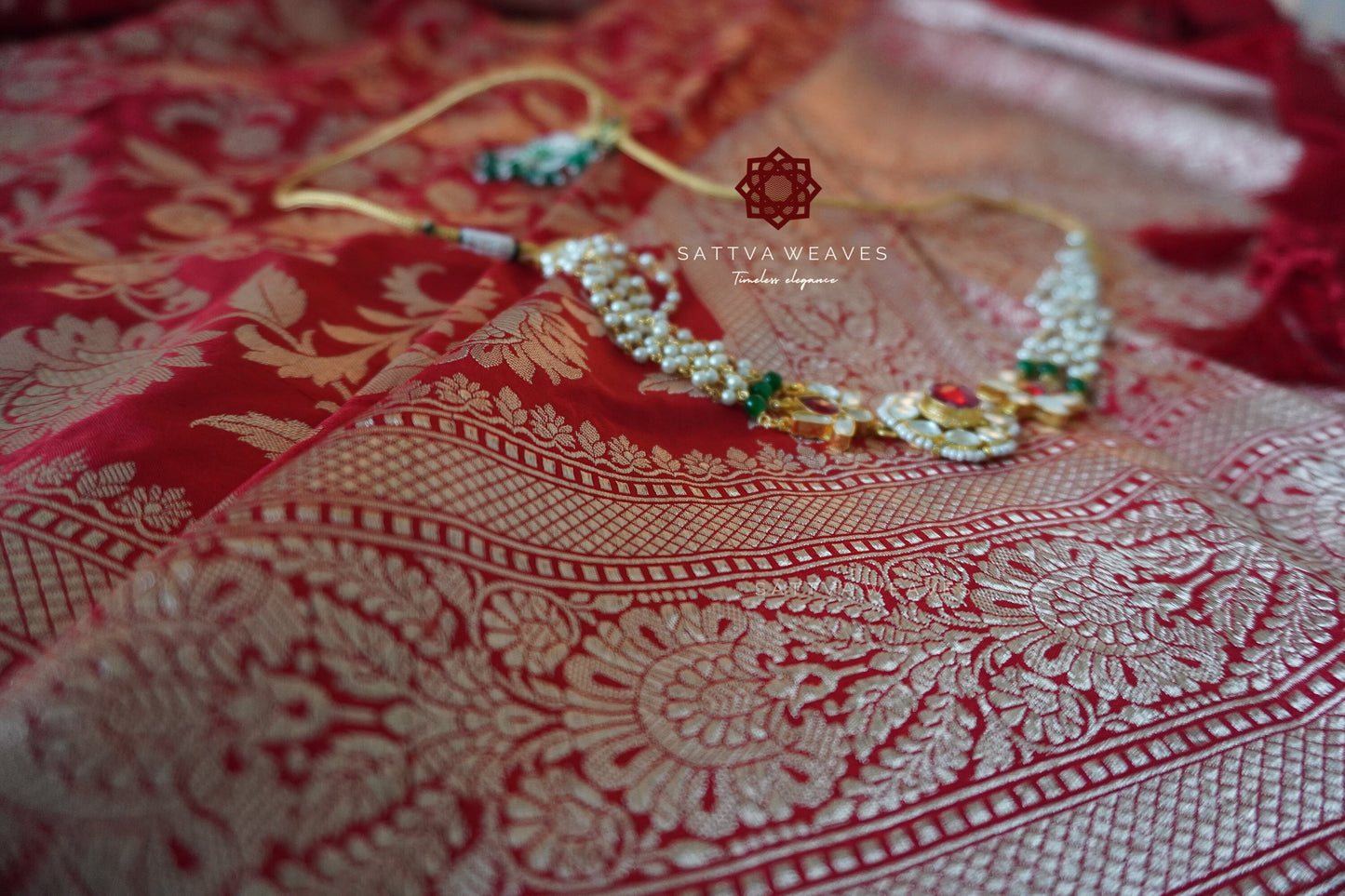 Beautiful Banarasi Pure Silk Katan saree | All over Jaal in golden Zari | Bridal Saree | Red Sari | Handloom | Sattva Weaves Sari | USA