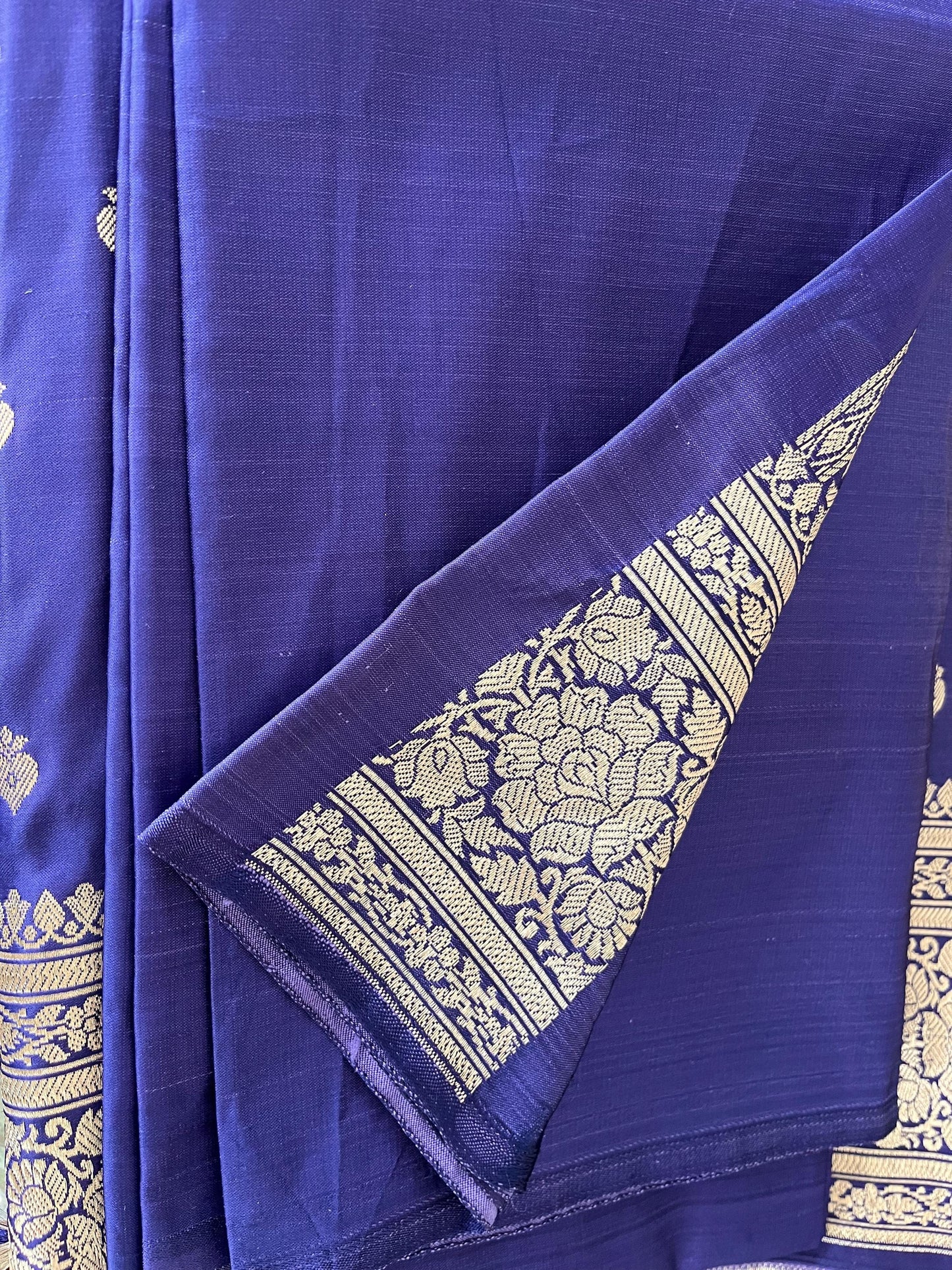 Beautiful Satin Banarasi Purplish Blue saree | Golden zari | All over Butta | Sattva Weaves Sari | Free Shipping USA