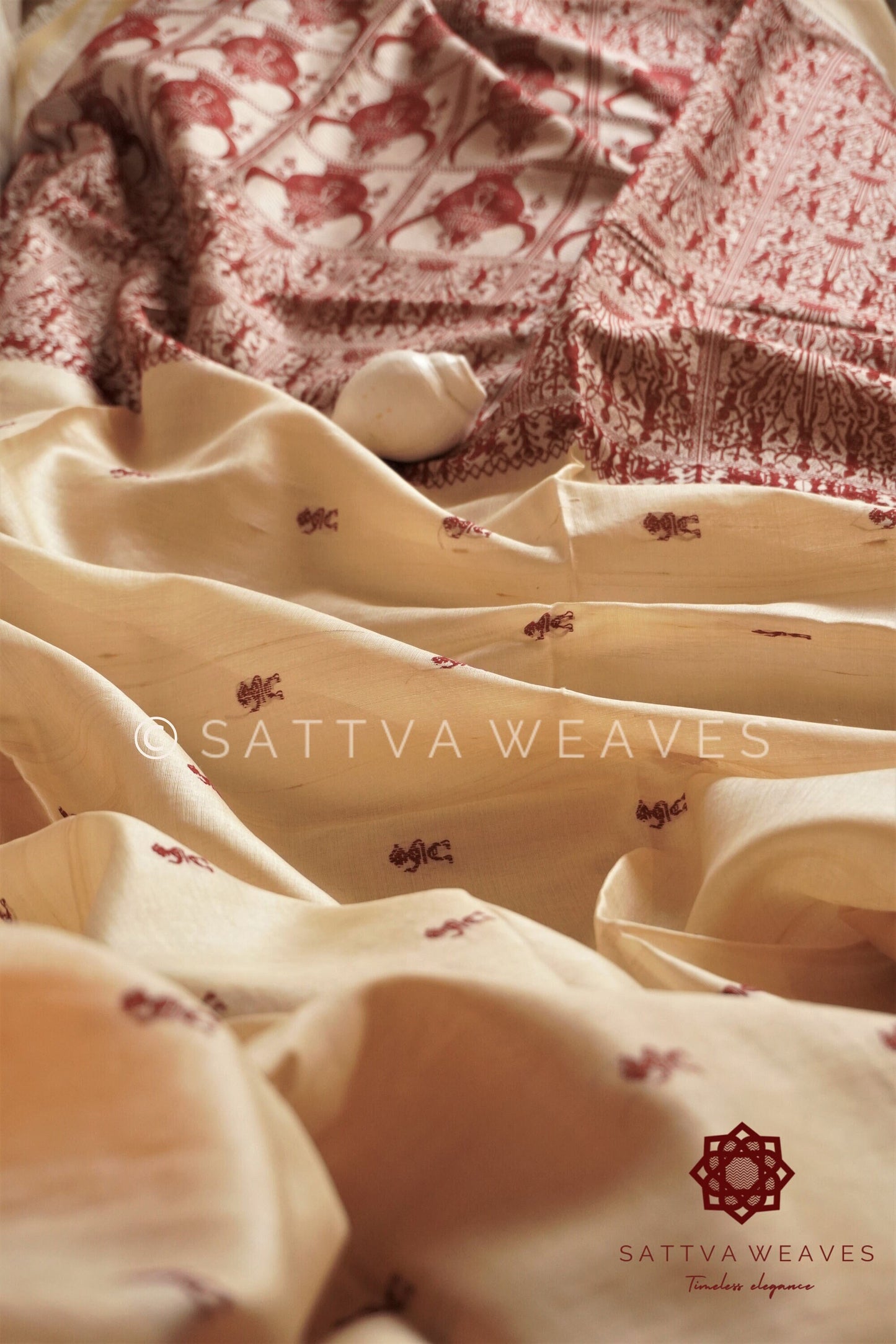 Pure Kosa Tussar Silk Saree | 100% Pure Silk Handloom | Sattva Weaves Sari | Beige & Maroon | Ships from USA