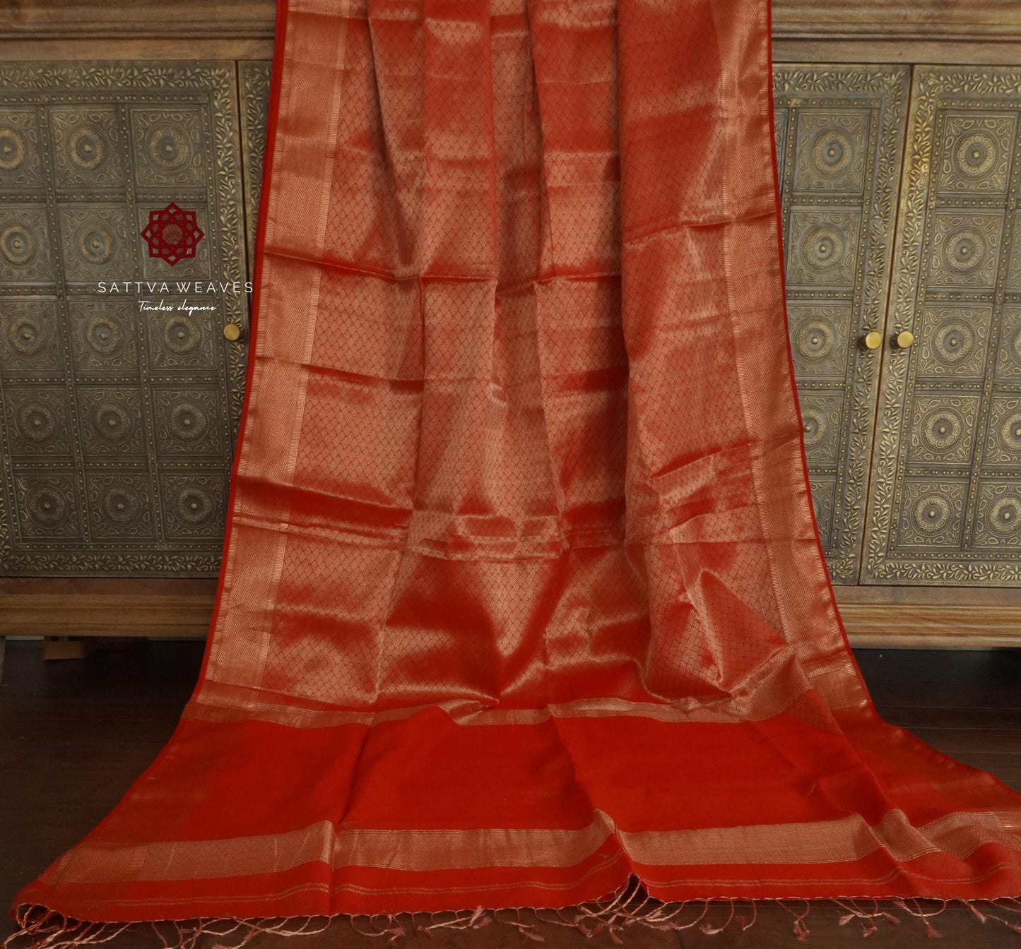 Pure Silk Tissue Maheshwari Jaal | Leaf Brocade | Saree | Brocade Blouse | Red Contemporary Sari | Bridal Handloom Sattva Weaves Sari | USA