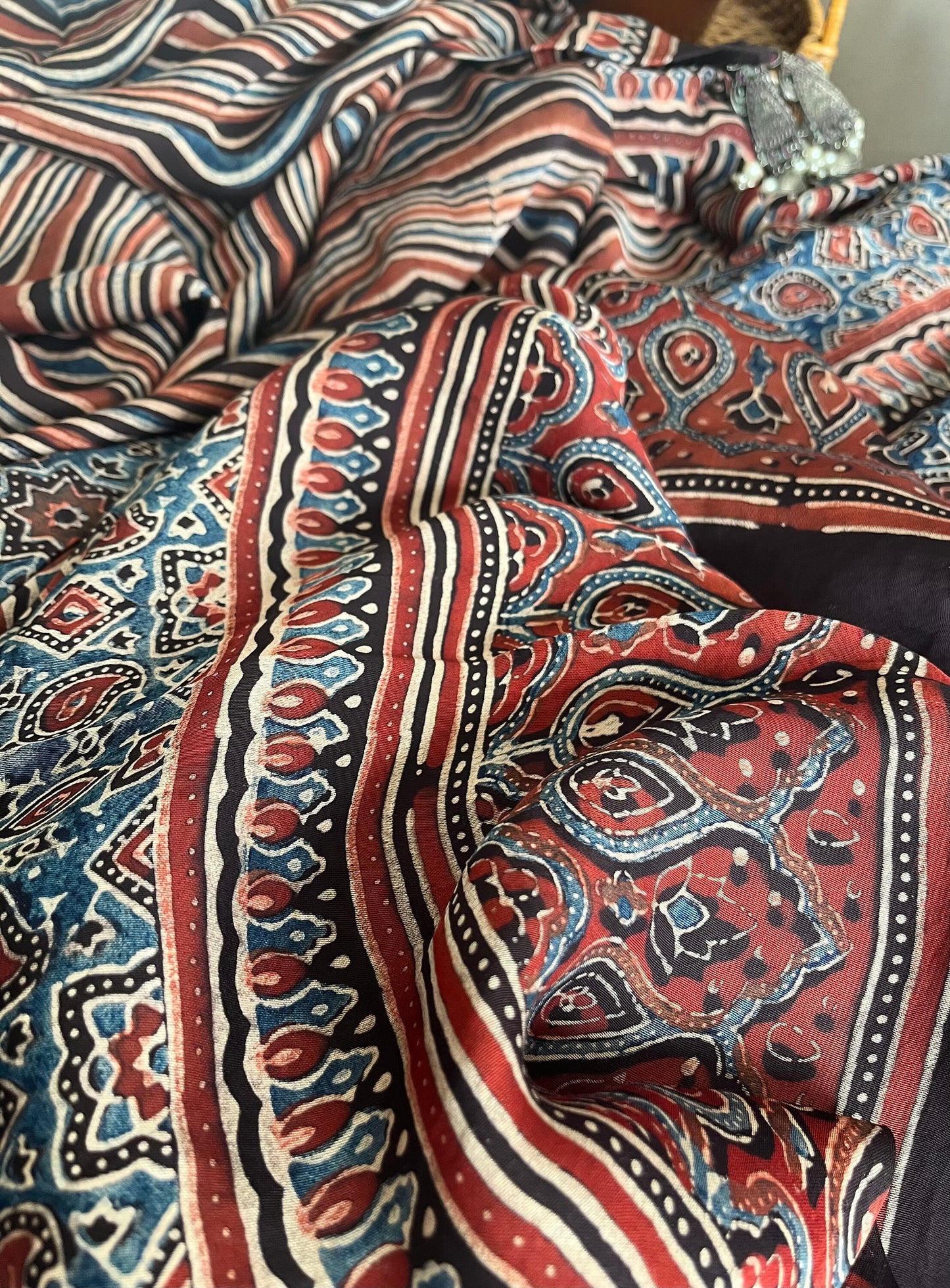 Hand block printed Ajrakh Modal Silk Saree | Leheriya | Earthy Colors | Natural Dyes | Sattva Weaves Sari | Ships from USA