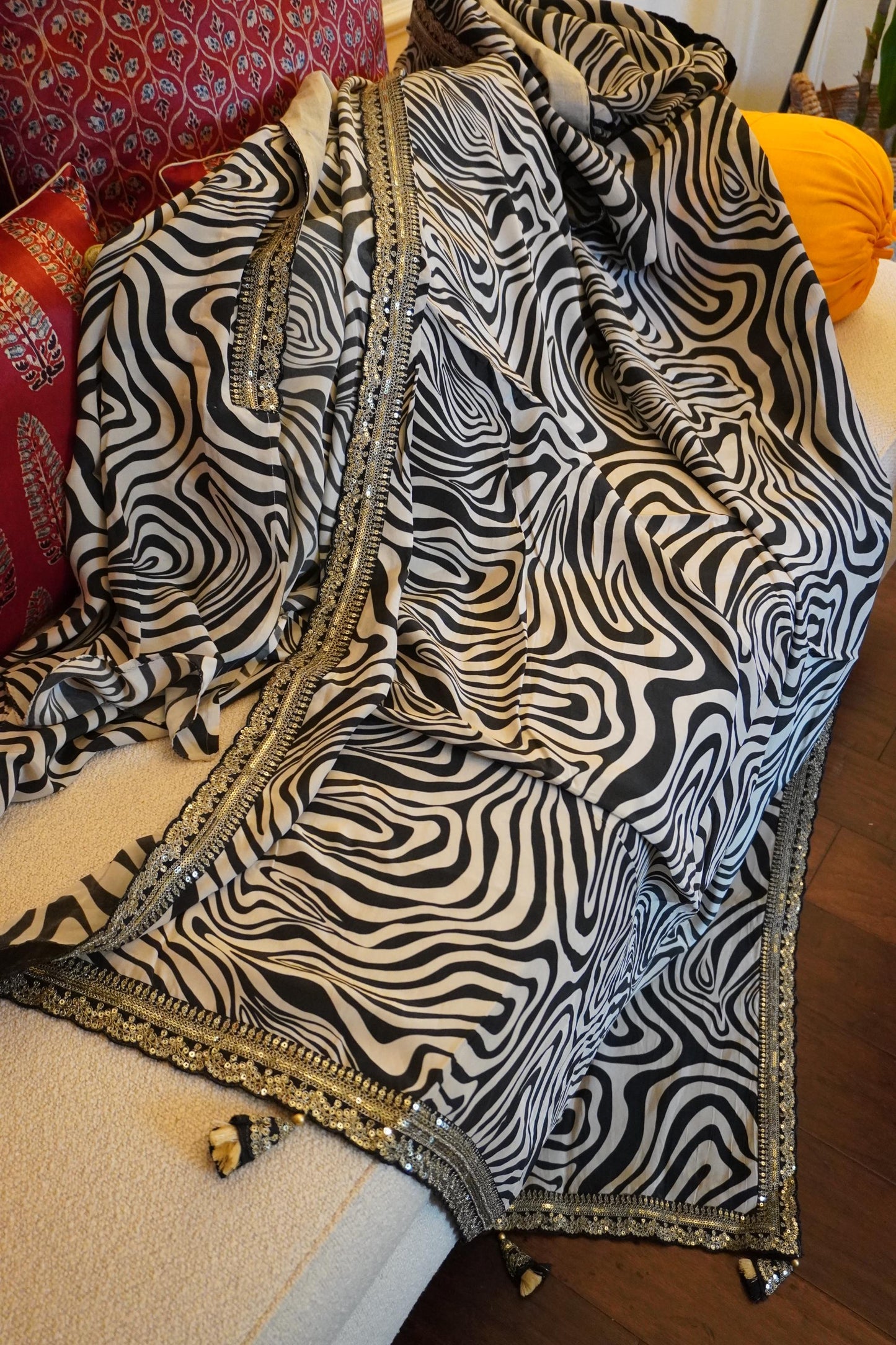 Party wear Crepe saree | contemporary print and embroidery | Zebra Print | Indian Sari | Light Weight Sari | Bollywood | Sattva Weaves | USA