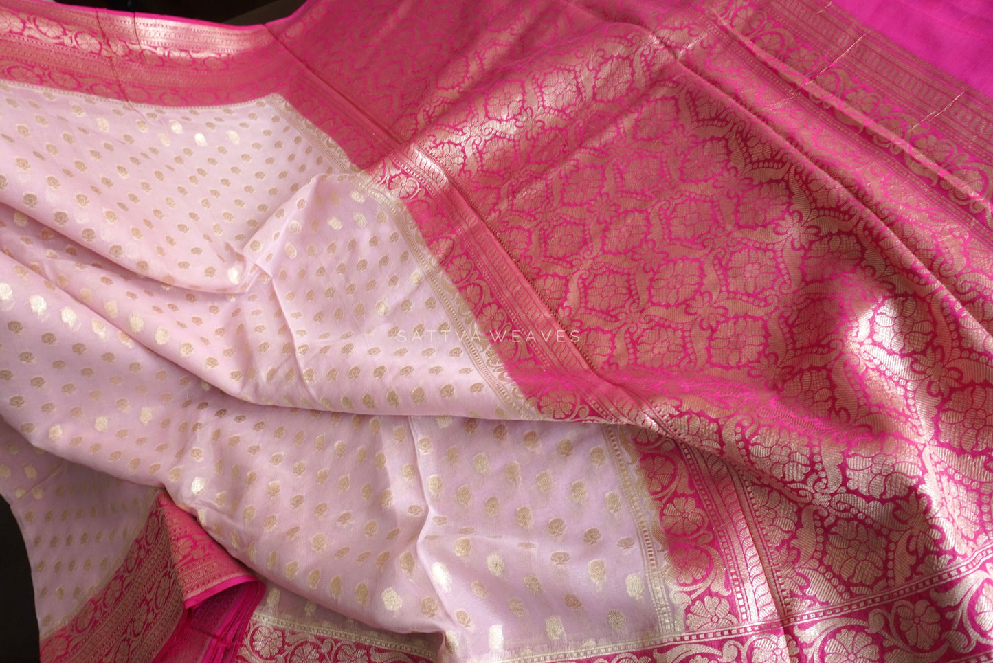 Banarasi Pure Silk Georgette Khaddi Saree | Baby Pink | Small Buttis | Easy Drape | Wedding | Mothers Day | Sattva Weaves Sari | USA