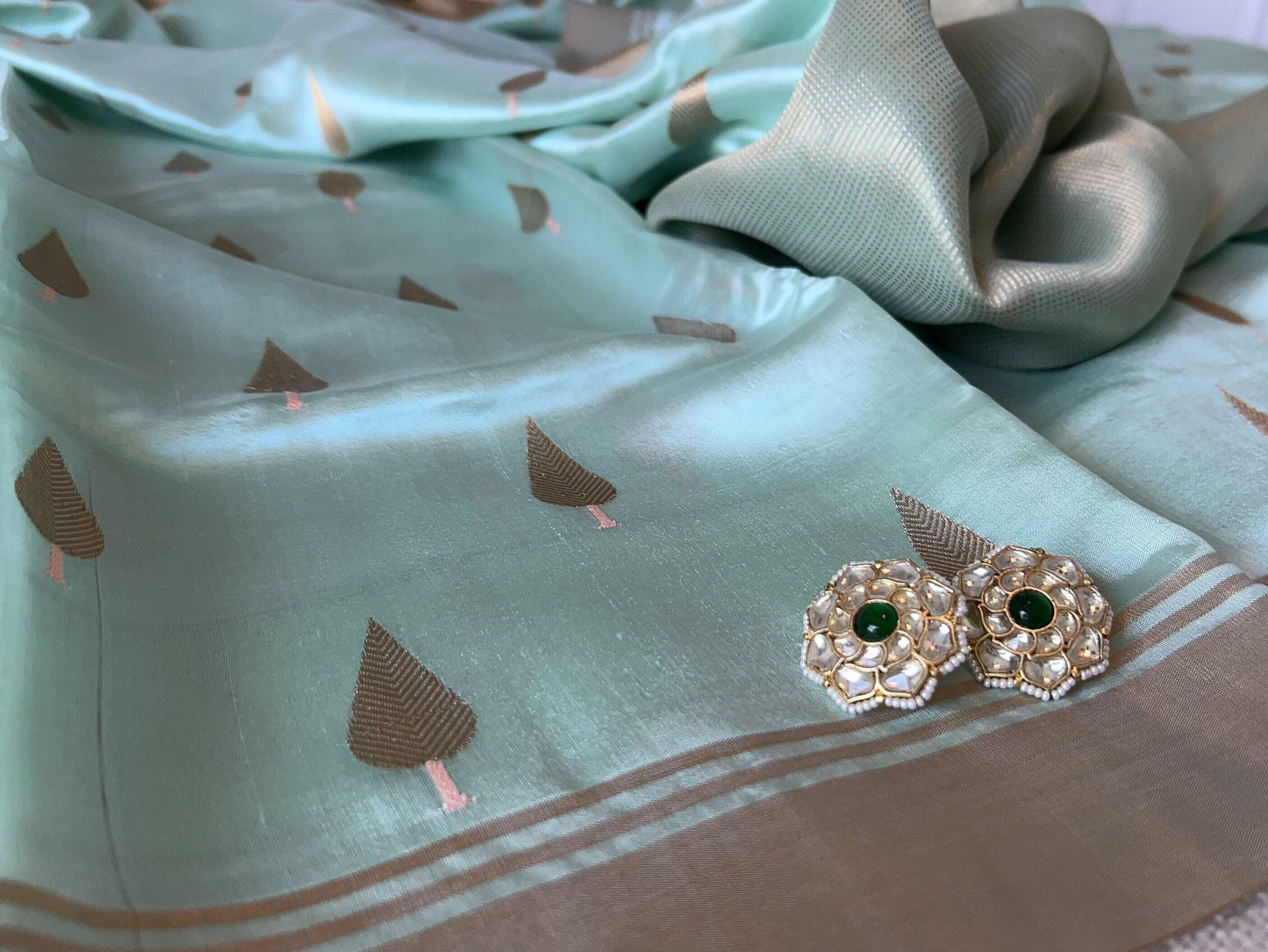 Authentic Chanderi Pure Silk Sari | Eknaliya Butta Handloom Saree | sea foam green | Golden Border | Daywear Partywear | Sattva Weaves | USA