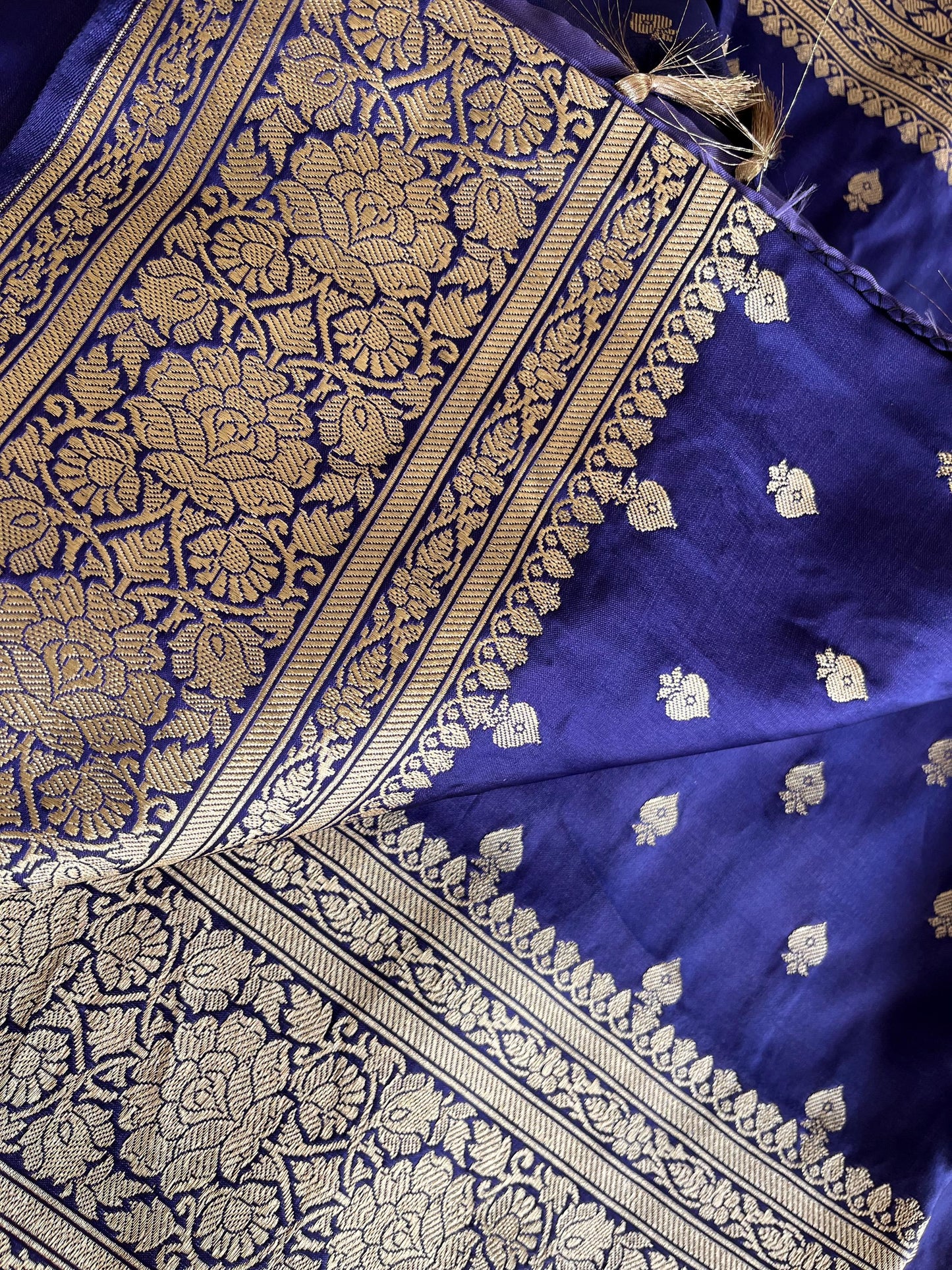 Beautiful Satin Banarasi Purplish Blue saree | Golden zari | All over Butta | Sattva Weaves Sari | Free Shipping USA