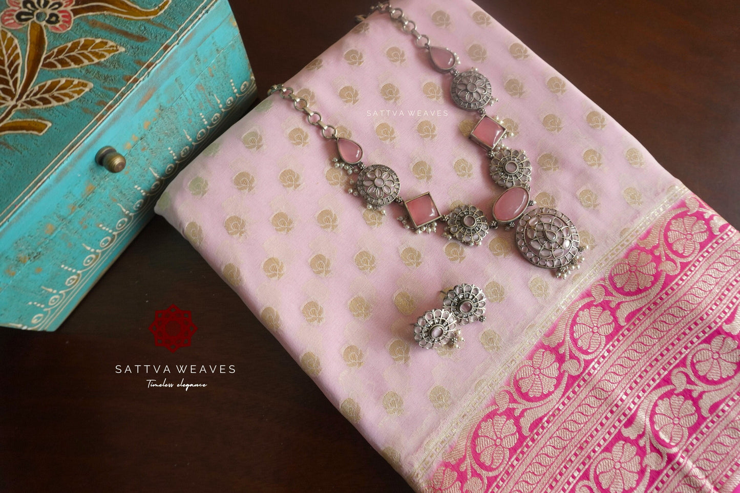 Banarasi Pure Silk Georgette Khaddi Saree | Baby Pink | Small Buttis | Easy Drape | Wedding | Mothers Day | Sattva Weaves Sari | USA