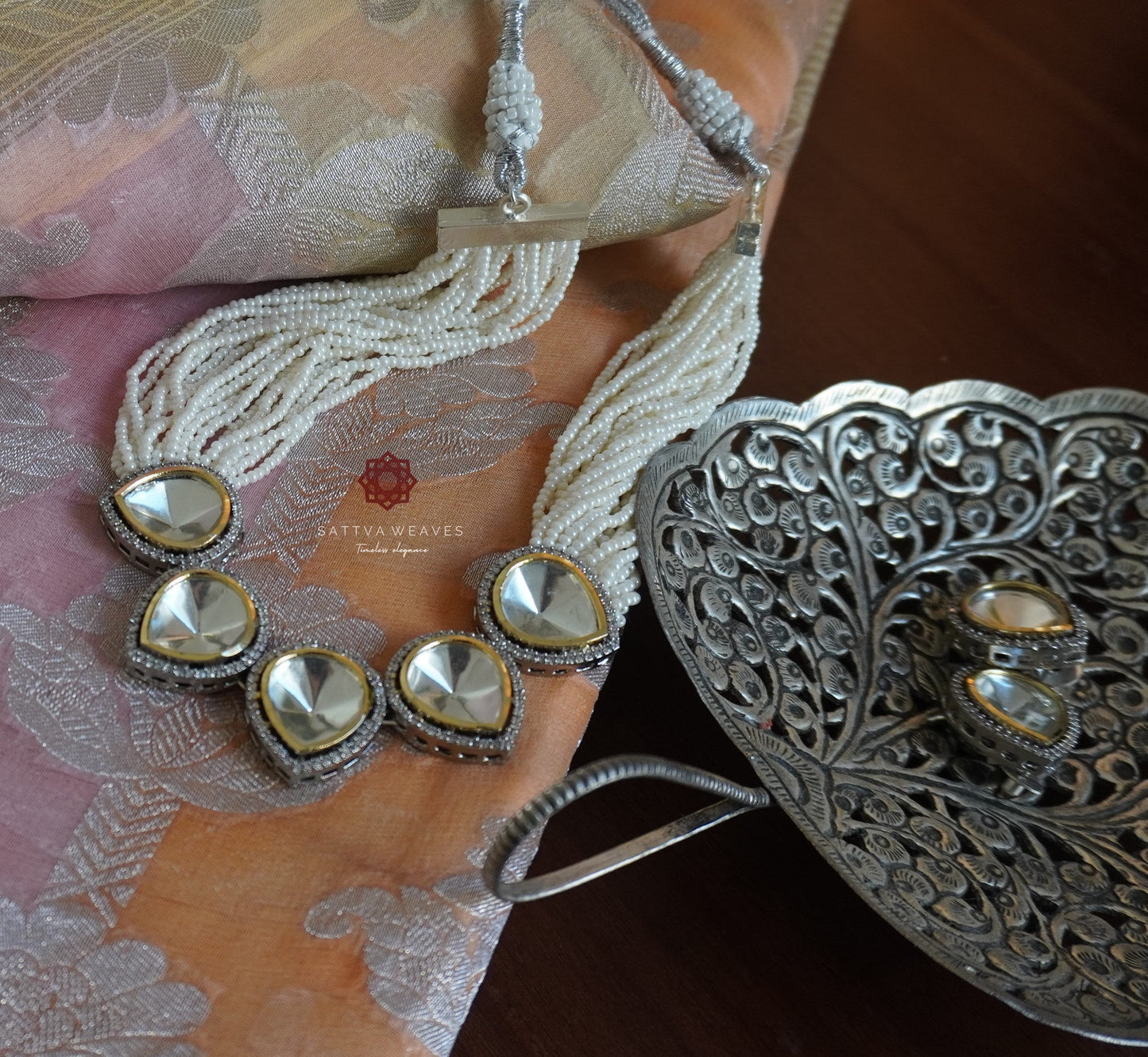 Necklace Set with Earrings | Kundan and Pearl set | Handmade Jewelry | Sattva Weaves | Ships from USA