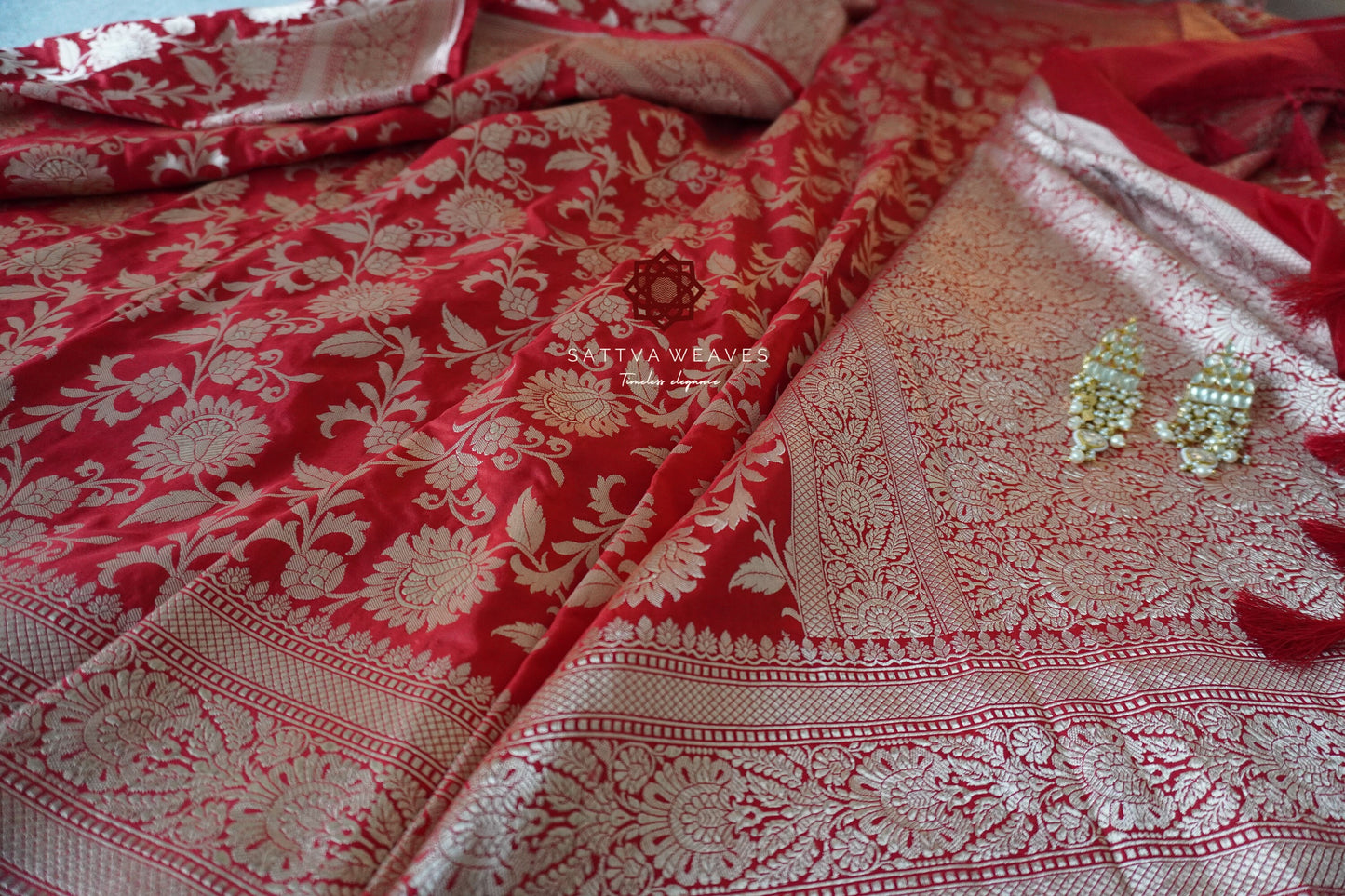 Beautiful Banarasi Pure Silk Katan saree | All over Jaal in golden Zari | Bridal Saree | Red Sari | Handloom | Sattva Weaves Sari | USA