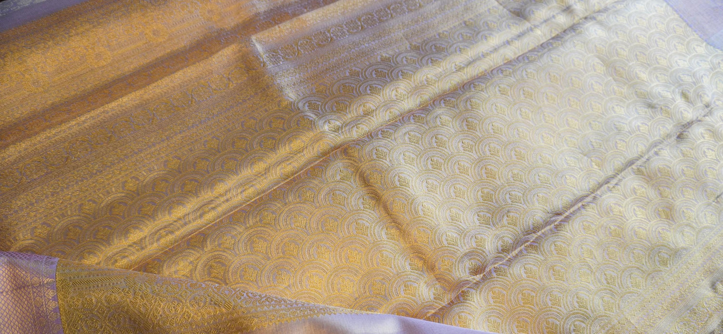 Golden Pure Silk Tissue Kanjeewaram Brocade | Pure Silk saree | Bridal | Wedding | Pastels | Contemporary Sari | Festive | Sattva Weaves | USA