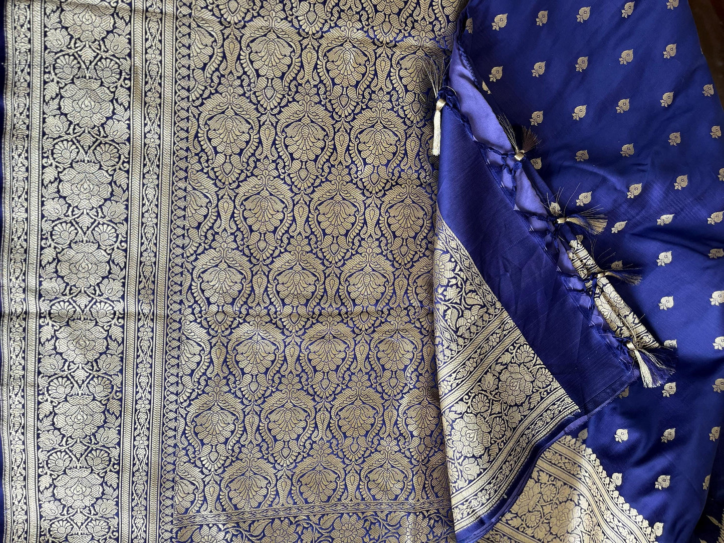 Beautiful Satin Banarasi Purplish Blue saree | Golden zari | All over Butta | Sattva Weaves Sari | Free Shipping USA