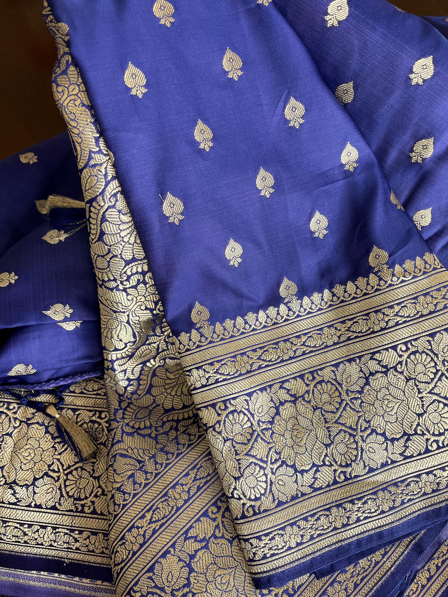 Beautiful Satin Banarasi Purplish Blue saree | Golden zari | All over Butta | Sattva Weaves Sari | Free Shipping USA