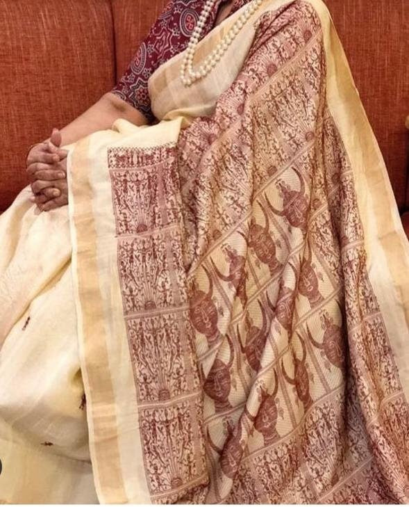 Pure Kosa Tussar Silk Saree | 100% Pure Silk Handloom | Sattva Weaves Sari | Beige & Maroon | Ships from USA