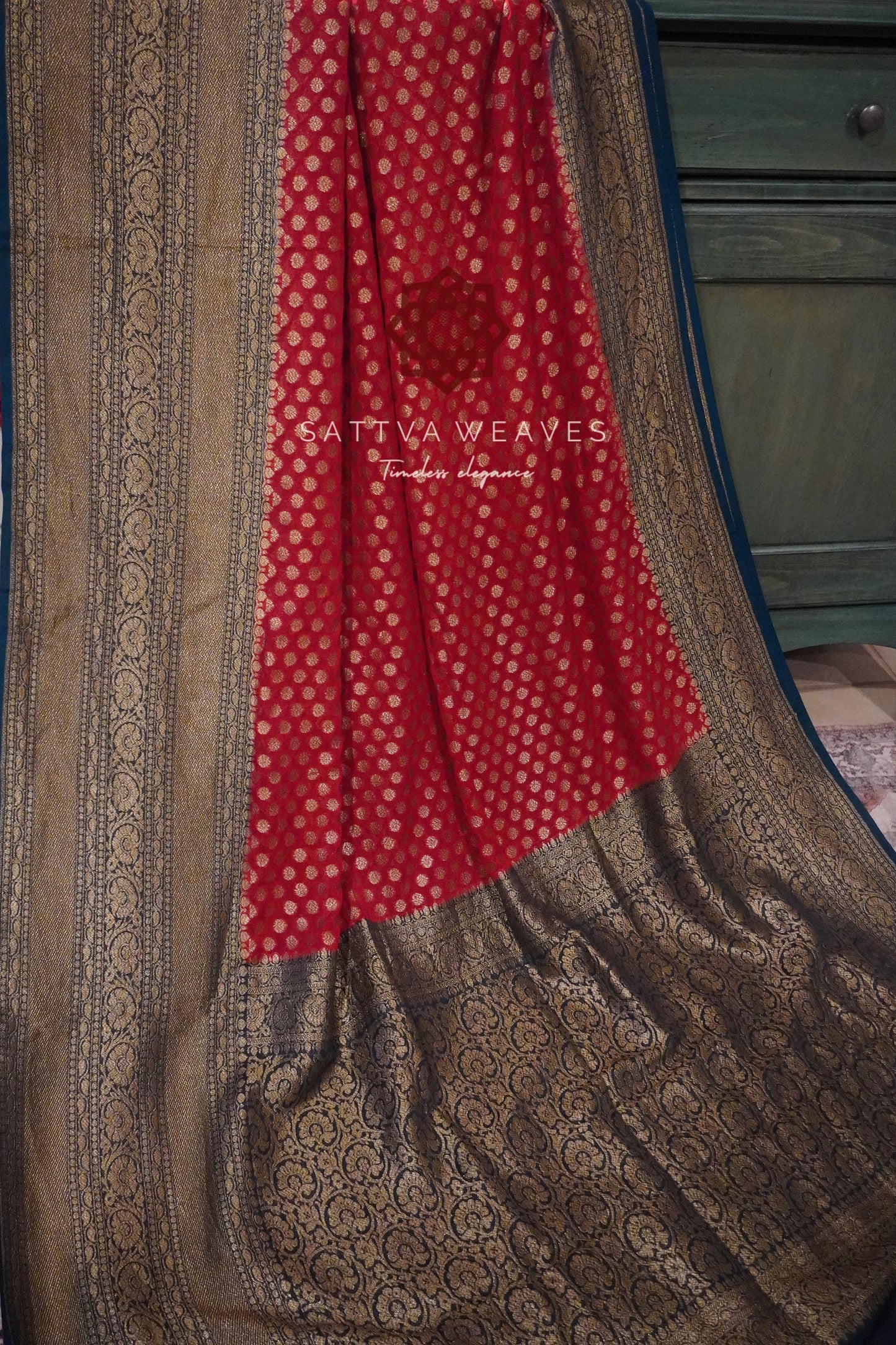 Big Border Pure Silk Georgette Authentic Khaddi Banarasi Saree | Red Teal Blue | Zari Buttas | Bridal Wedding | Sattva Weaves Ships from USA