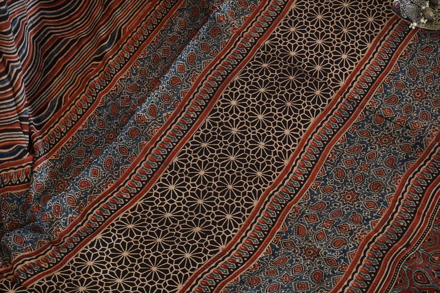 Hand block printed Ajrakh Modal Silk Saree | Leheriya | Earthy Colors | Natural Dyes | Sattva Weaves Sari | Ships from USA