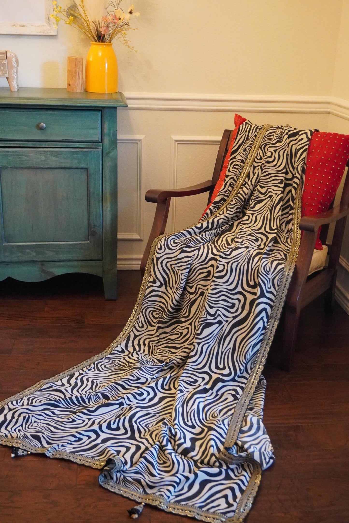 Party wear Crepe saree | contemporary print and embroidery | Zebra Print | Indian Sari | Light Weight Sari | Bollywood | Sattva Weaves | USA