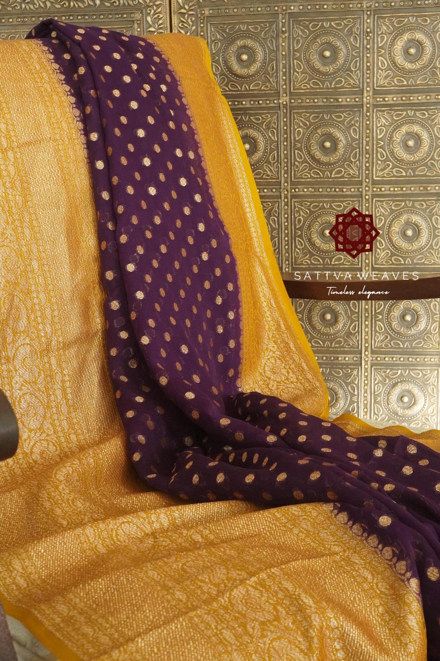 Authentic Khaddi Pure Silk Georgette Banarasi Saree | Big Border | Deep Purple Mustard Yellow | Antique Zari | Wedding | Sattva Weaves | USA