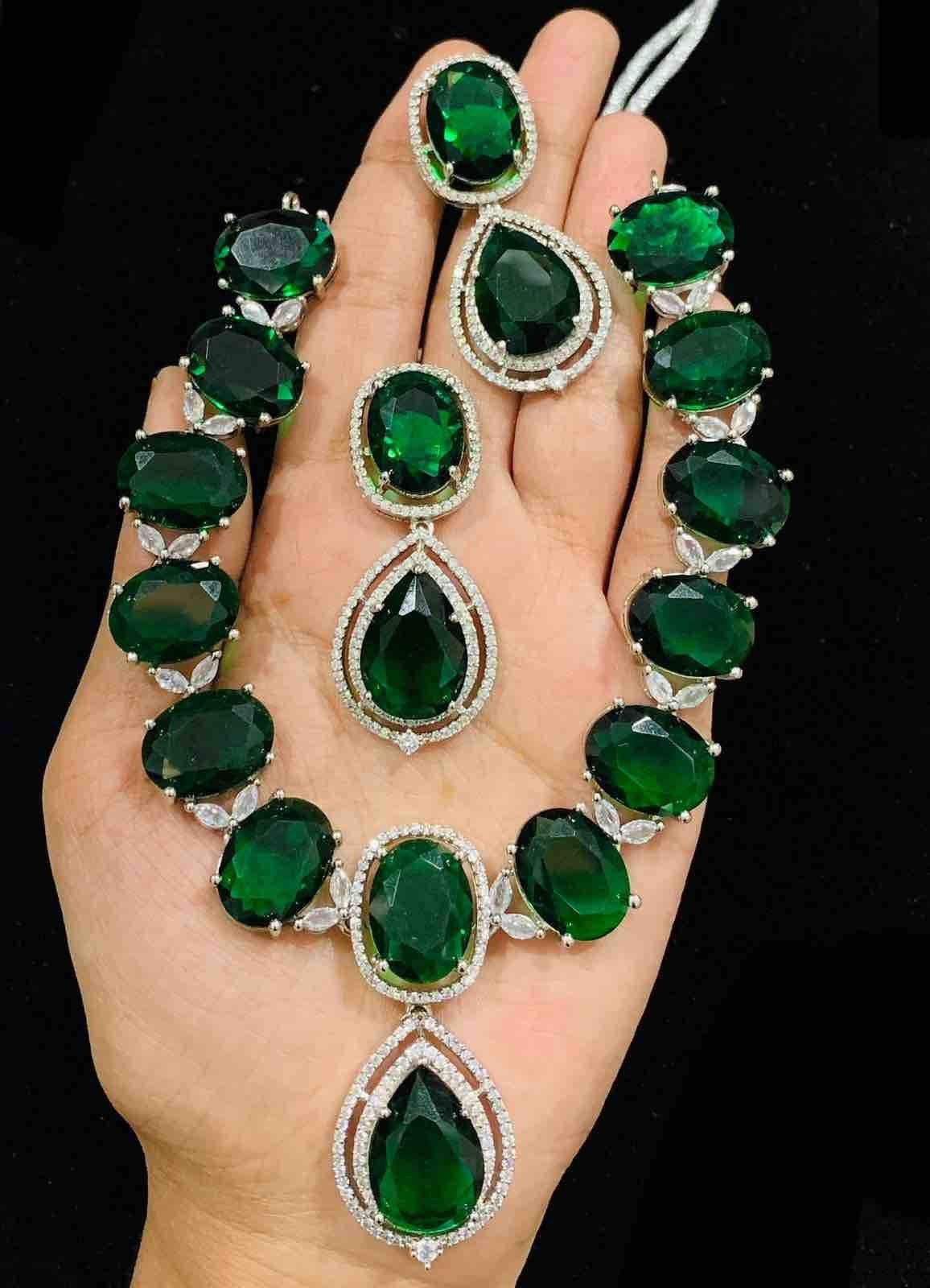 American Diamond Cz necklace set | Emerald Green | Handmade | Sattva Weaves | Ships from USA