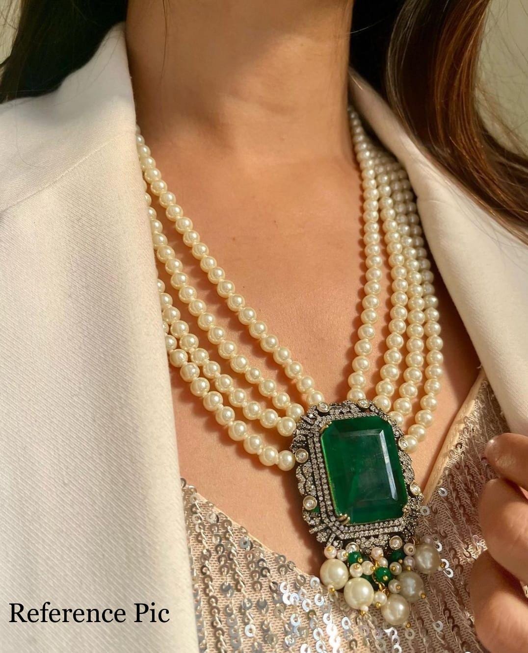 Premium Emerald Green Sabyasachi Inspired Moissanite Polki Pearl Necklace set | Handmade Jewelry | Sattva Weaves | Ships from USA