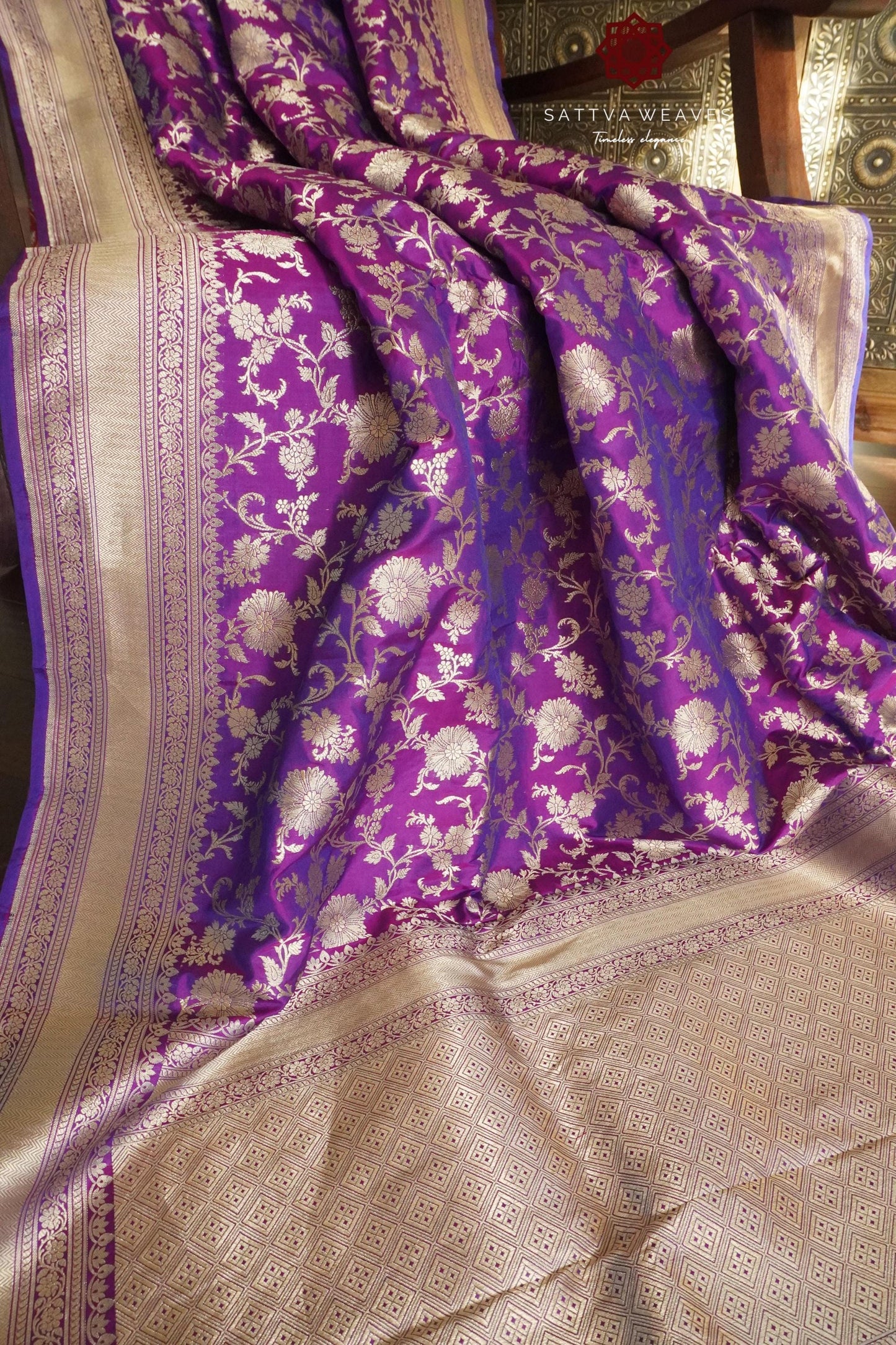Rich Purple Banarasi Pure Silk Katan Dual Tone saree | Floral Jangla | Wedding | Handloom | Sattva Weaves | USA