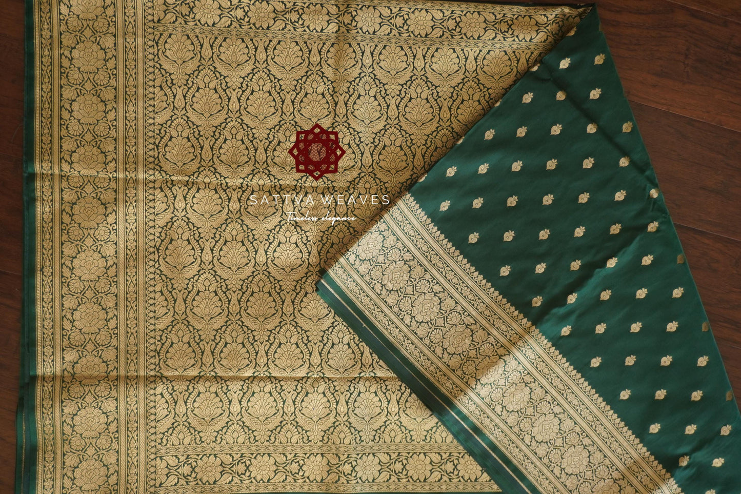 Beautiful Satin Banarasi Dark Green saree | Golden zari | All over Butta | Sattva Weaves Sari | Free Shipping USA