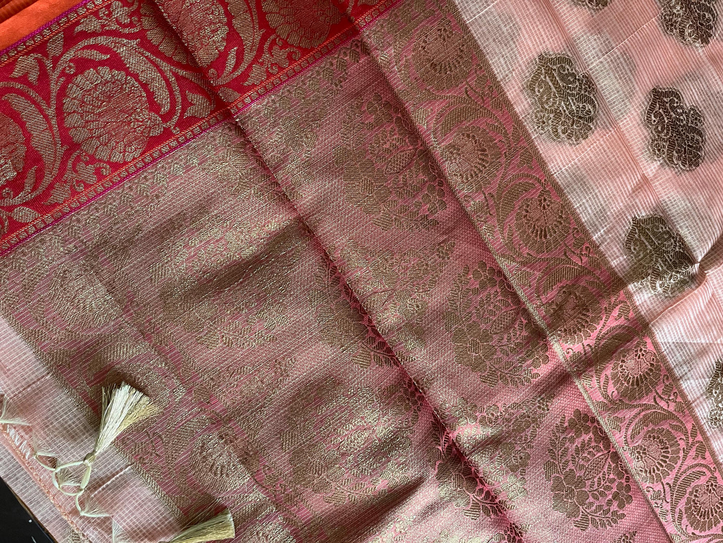 Kota Checks Banarasi Cotton Rich Handwoven Zari Butta Saree | Peach Saree | Benarasi | Sattva Weaves Sari | USA