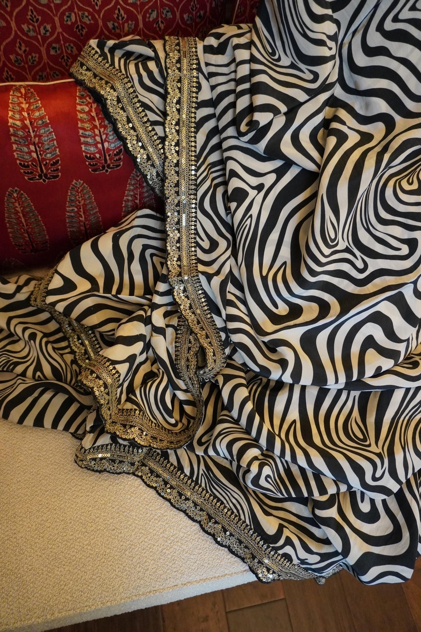Party wear Crepe saree | contemporary print and embroidery | Zebra Print | Indian Sari | Light Weight Sari | Bollywood | Sattva Weaves | USA