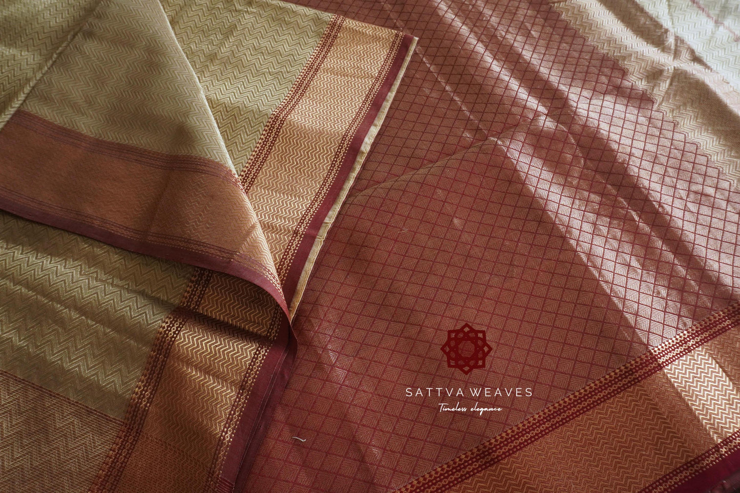 Silk Tissue Handloom Golden Beige & Maroon Maheshwari Leheriya Jaal Saree | Brocade | Contemporary Sari | Sattva Weaves | USA