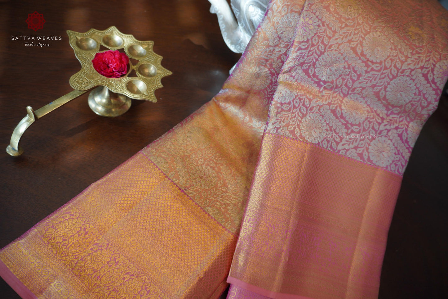Pink Pure Silk Tissue Kanjeewaram Brocade | Pure Silk saree | Bridal | Wedding | Pastels | Contemporary Sari | Festive | Sattva Weaves | USA