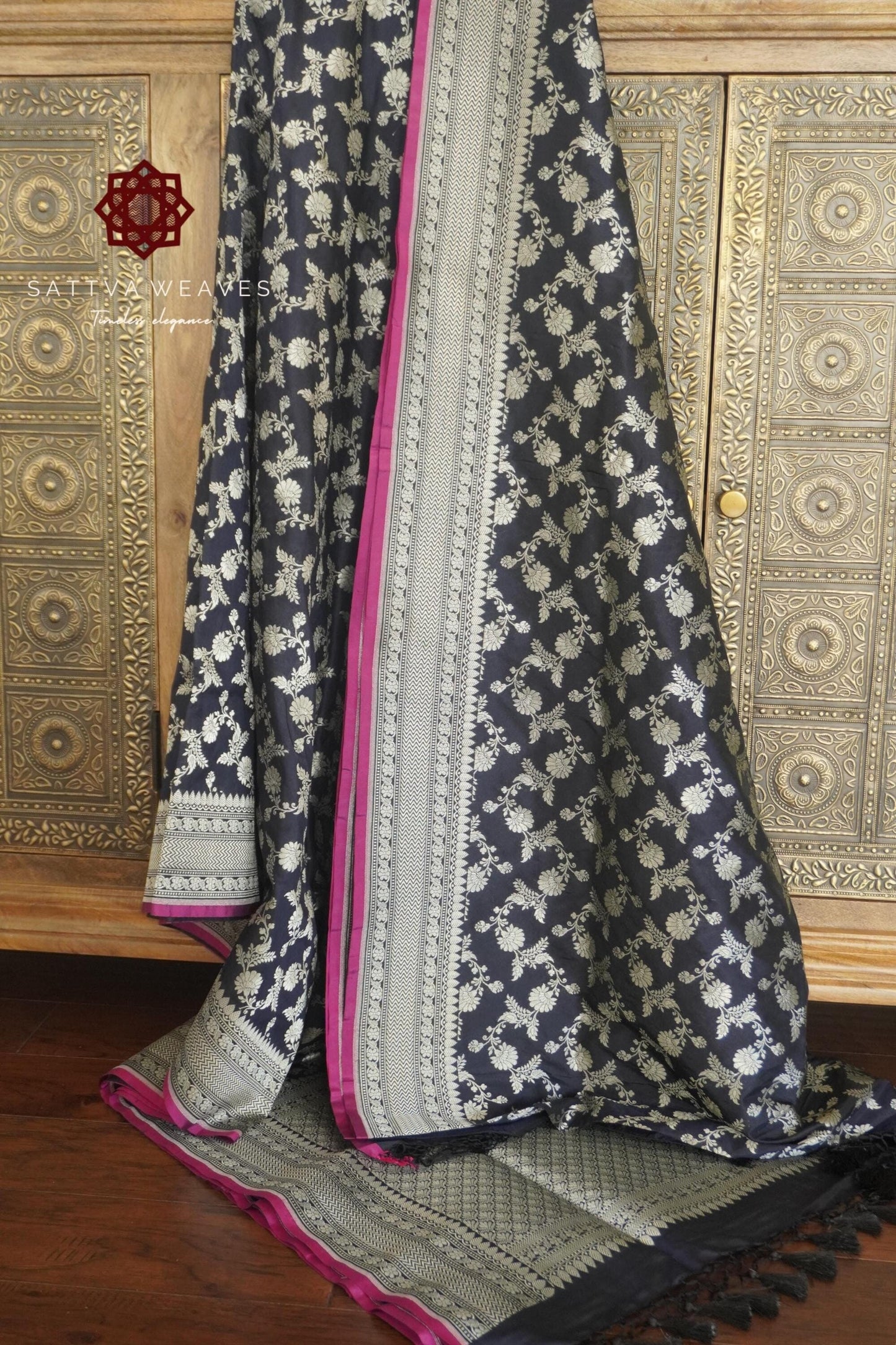 Midnight Navy Blue Banarasi Pure Silk Katan Jaal saree | Magenta Pink Kinari | Jangla | Party | Durga Pooja | Handloom | Sattva Weaves