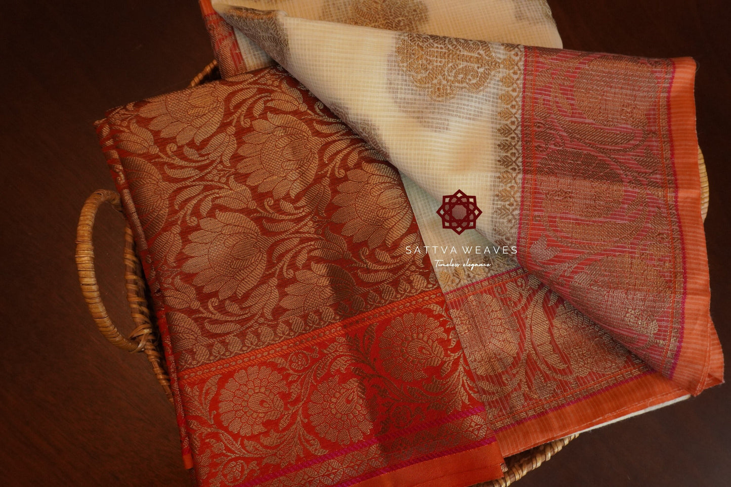 Kota Checks Banarasi Cotton Rich Handwoven Zari Butta Saree | Offwhite Saree | Benarasi | Sattva Weaves Sari | USA