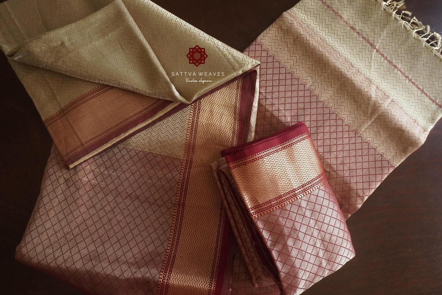 Silk Tissue Handloom Golden Beige & Maroon Maheshwari Leheriya Jaal Saree | Brocade | Contemporary Sari | Sattva Weaves | USA