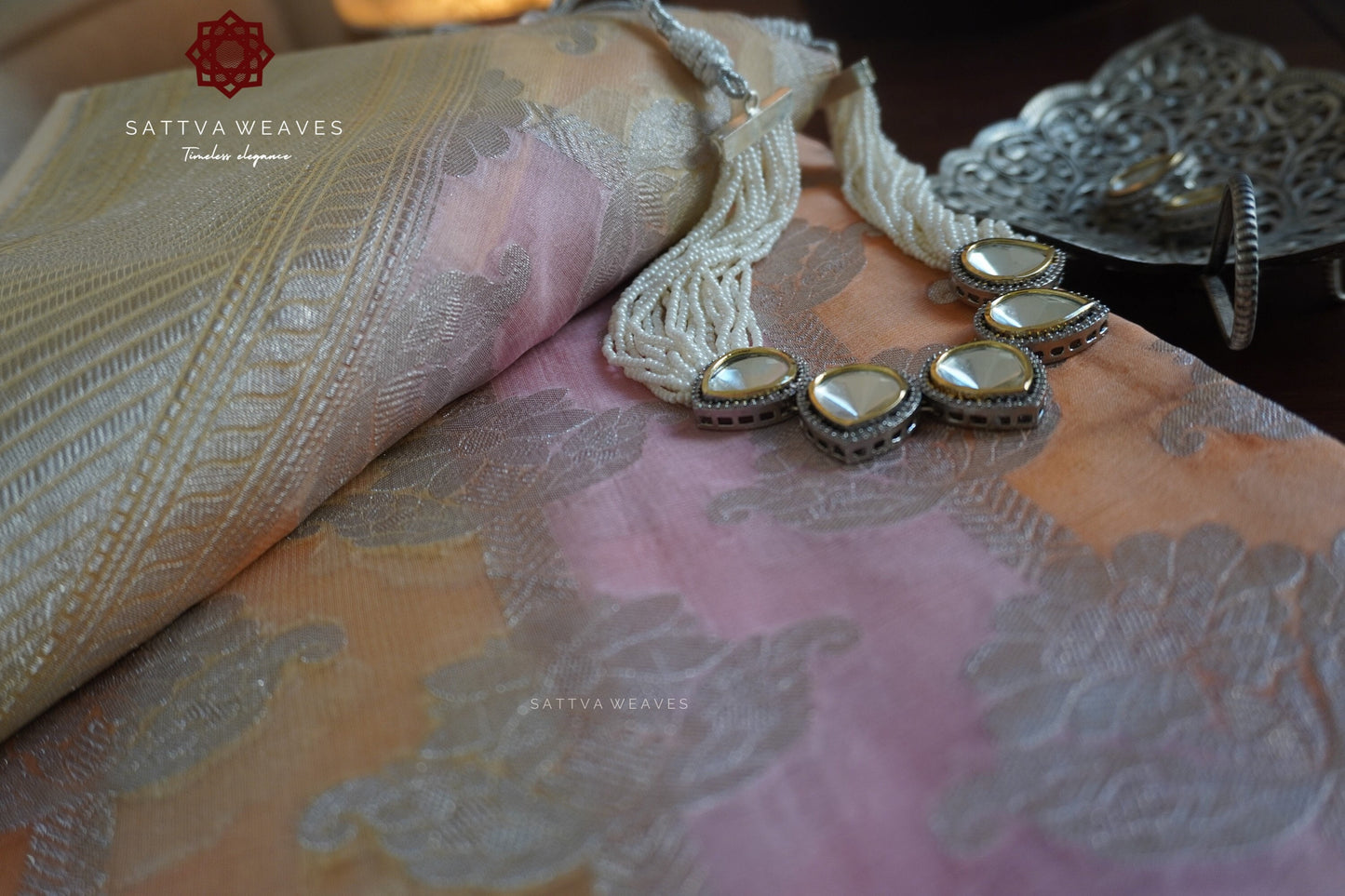 Rung Kaat Pure Silk Georgette Benarasi Khaddi Saree | Peach Pink Orange | Silver Zari | Wedding | Sattva Weaves | USA
