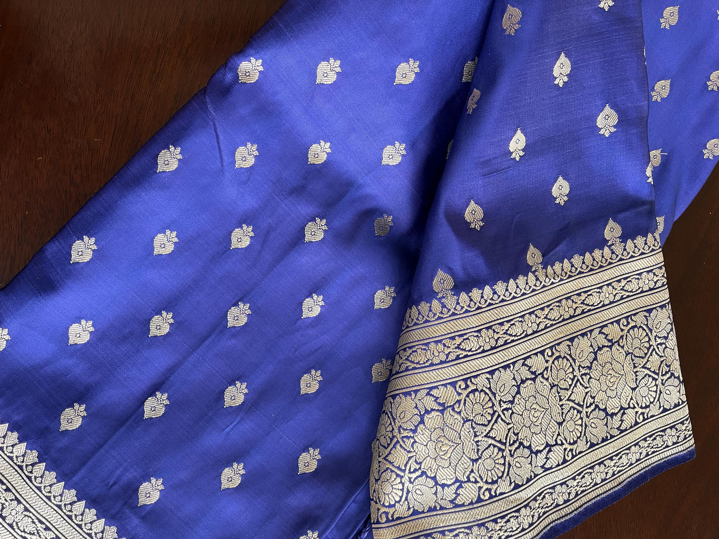 Beautiful Satin Banarasi Purplish Blue saree | Golden zari | All over Butta | Sattva Weaves Sari | Free Shipping USA