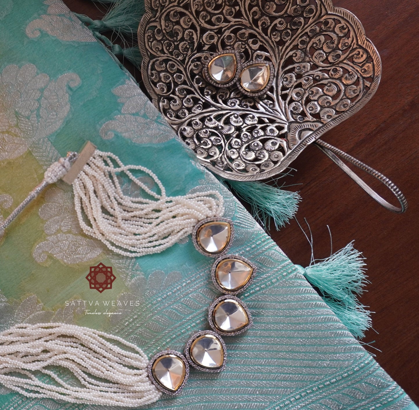 Necklace Set with Earrings | Kundan and Pearl set | Handmade Jewelry | Sattva Weaves | Ships from USA