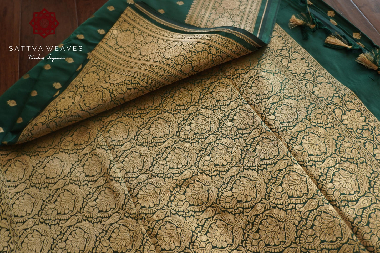 Beautiful Satin Banarasi Dark Green saree | Golden zari | All over Butta | Sattva Weaves Sari | Free Shipping USA