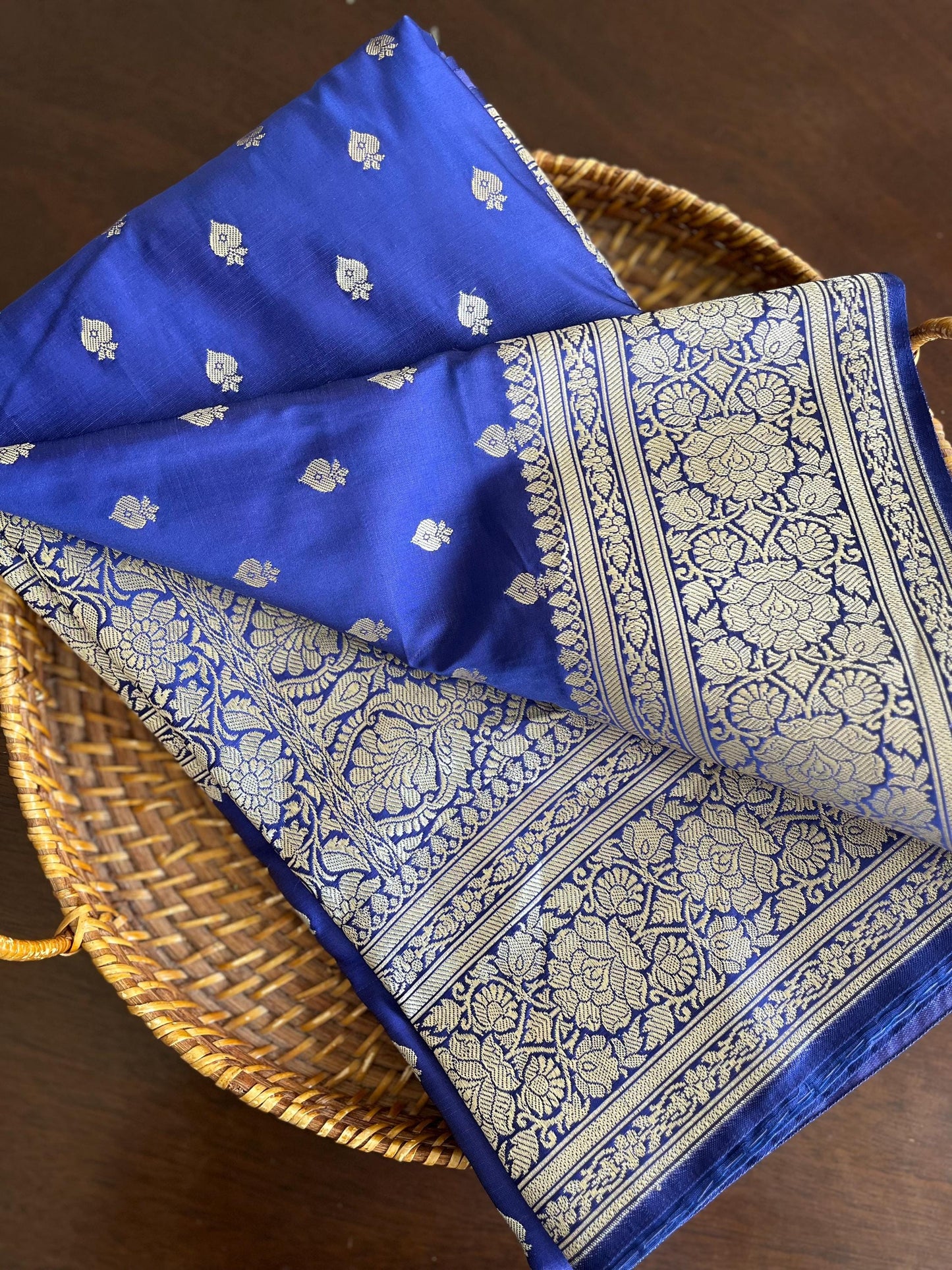 Beautiful Satin Banarasi Purplish Blue saree | Golden zari | All over Butta | Sattva Weaves Sari | Free Shipping USA