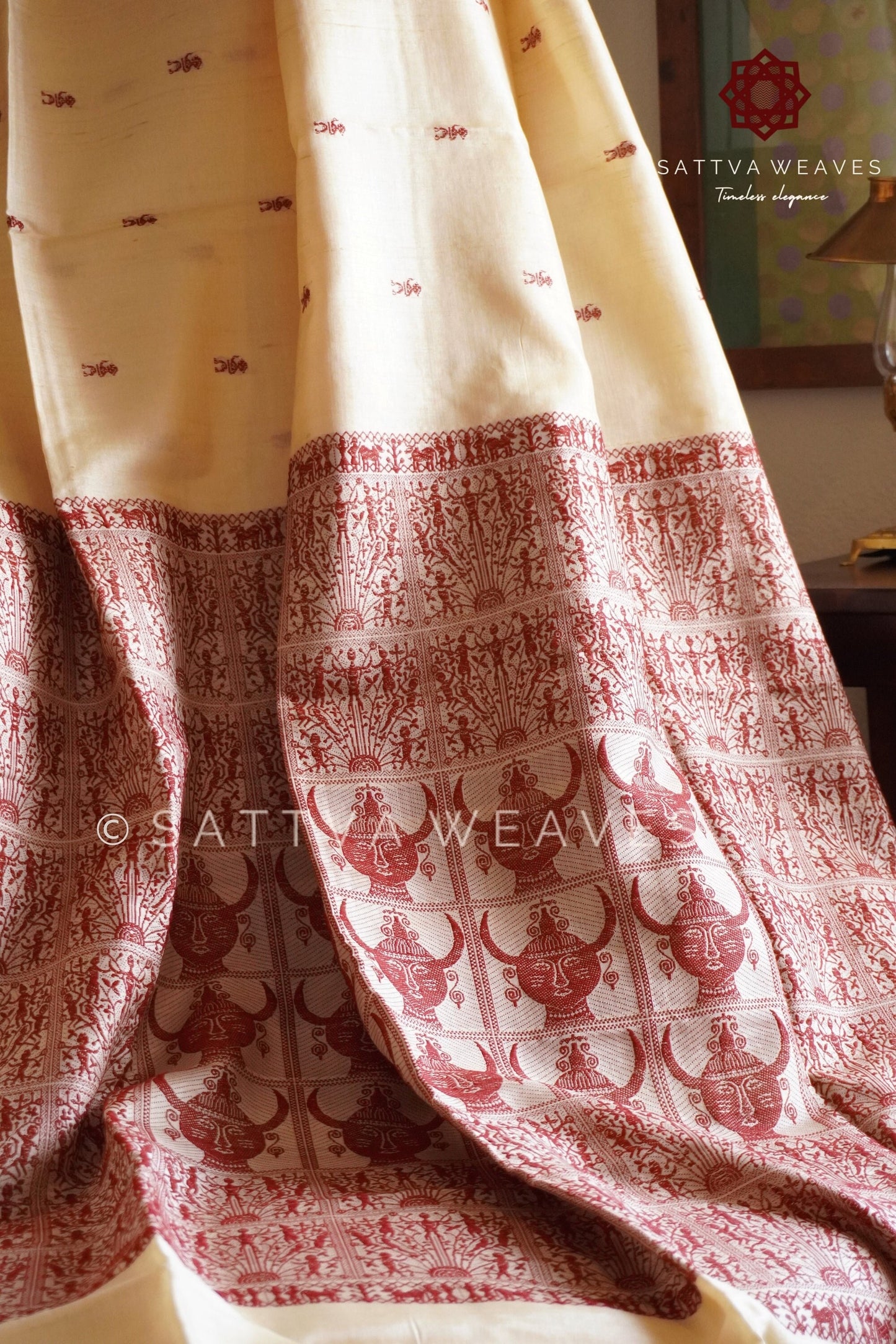 Pure Kosa Tussar Silk Saree | 100% Pure Silk Handloom | Sattva Weaves Sari | Beige & Maroon | Ships from USA