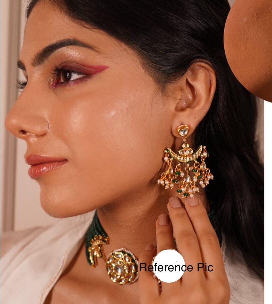 Beautiful choker green beads kundan meenakari necklace set with hanging earrings | Handmade Jewelry | Sattva Weaves | Ships from USA