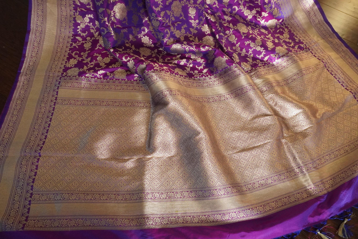 Rich Purple Banarasi Pure Silk Katan Dual Tone saree | Floral Jangla | Wedding | Handloom | Sattva Weaves | USA