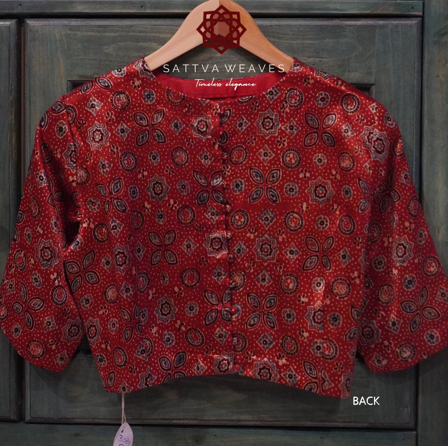 Modal Silk Ajrakh Mashru Handblock printed blouse | Ready Made | Size 38-42 | Red | Sattva Weaves | Ships from USA | Free Shipping