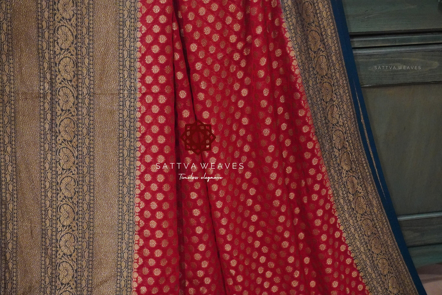 Big Border Pure Silk Georgette Authentic Khaddi Banarasi Saree | Red Teal Blue | Zari Buttas | Bridal Wedding | Sattva Weaves Ships from USA