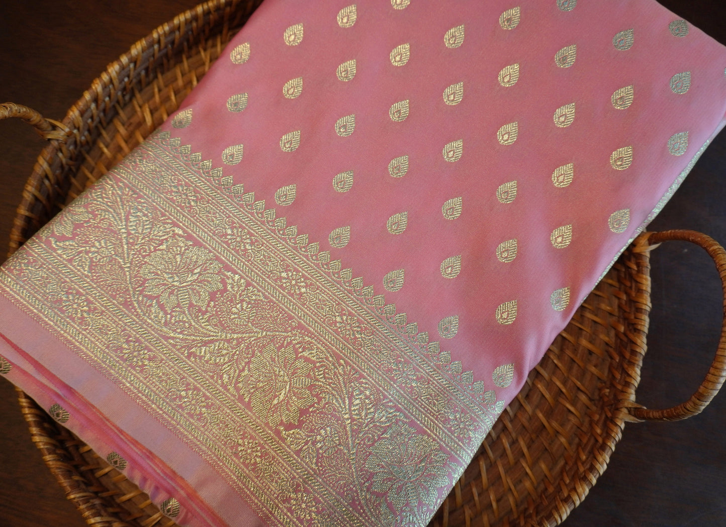 Beautiful Satin Banarasi Lotus pink saree | Golden zari | All over Butta | Sattva Weaves Sari | Free Shipping USA