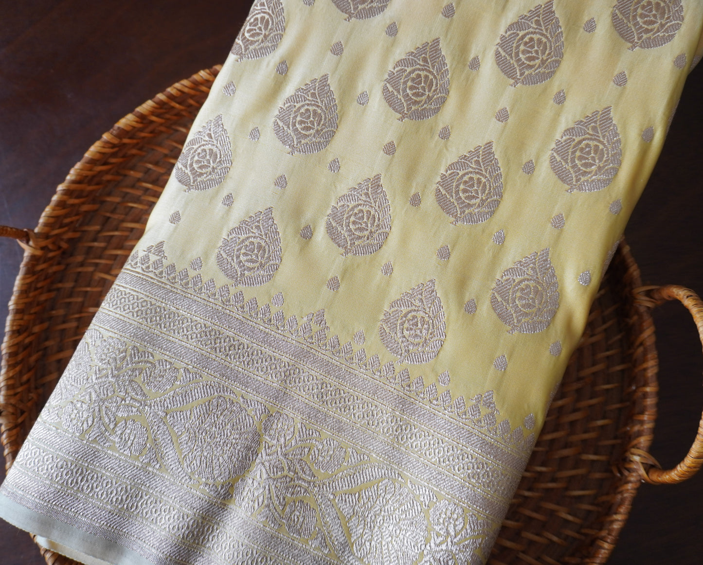 Beautiful Satin Banarasi Lemon Yellow saree | Golden zari | Sattva Weaves Sari | Free Shipping USA