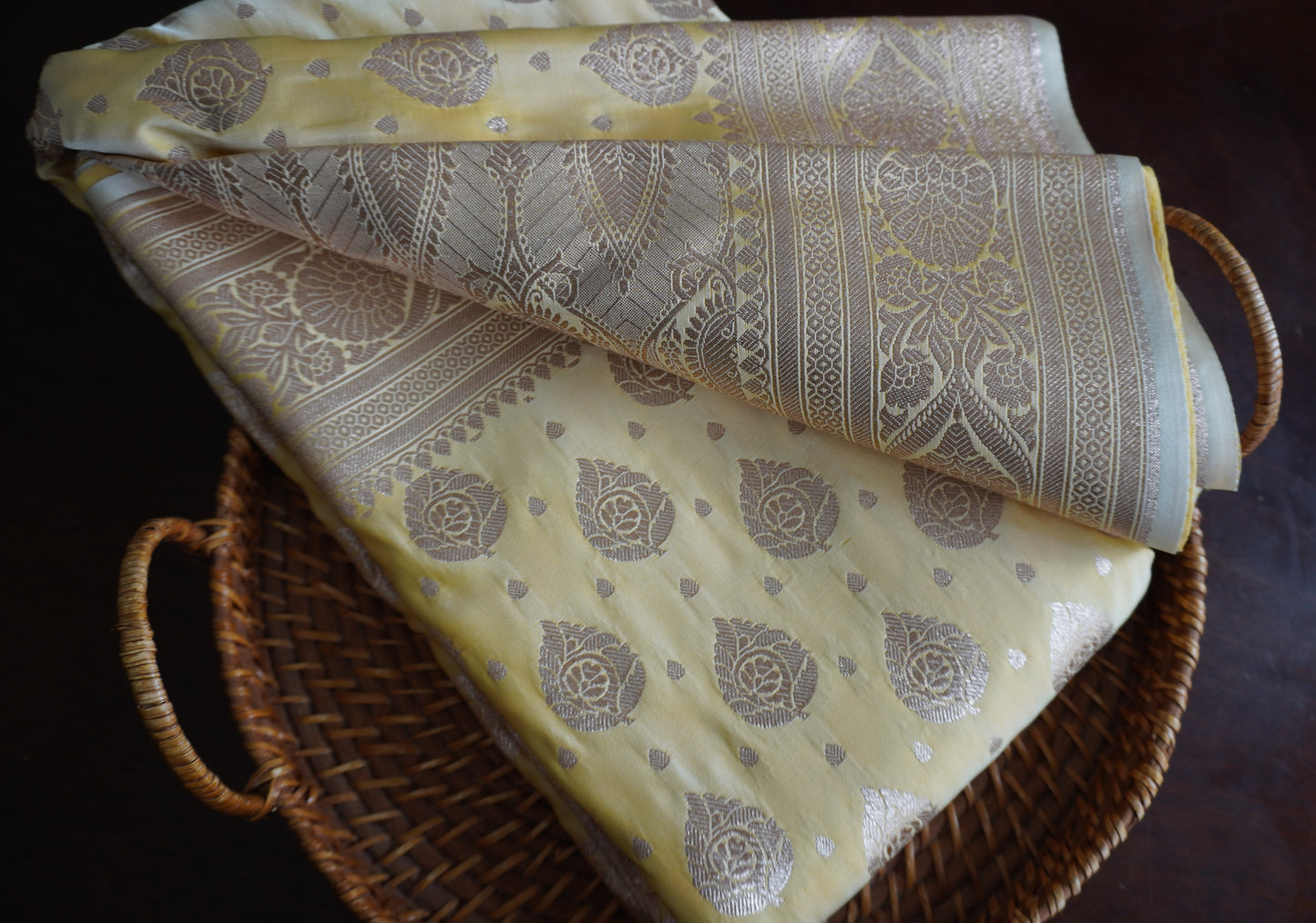 Beautiful Satin Banarasi Lemon Yellow saree | Golden zari | Sattva Weaves Sari | Free Shipping USA
