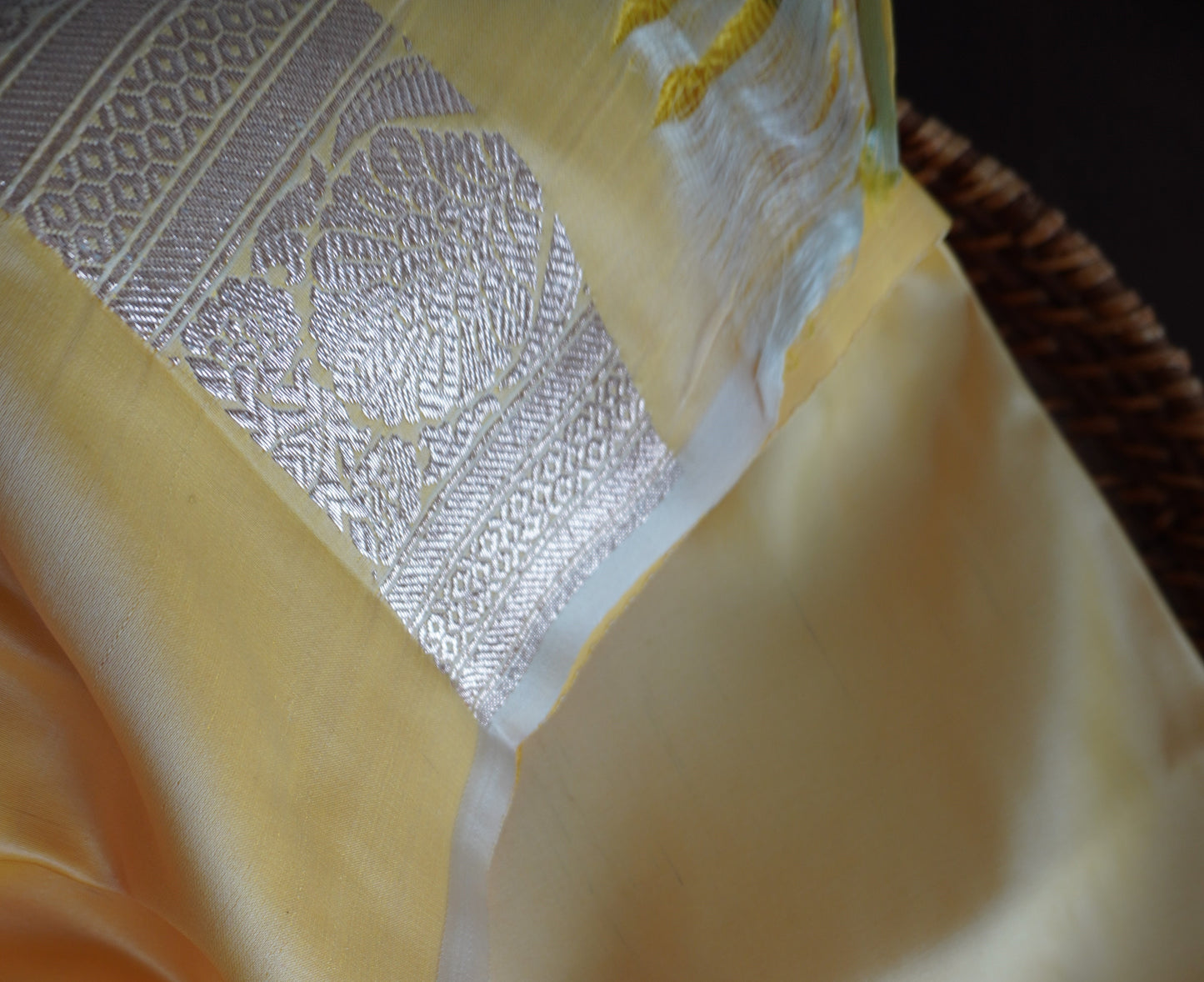 Beautiful Satin Banarasi Lemon Yellow saree | Golden zari | Sattva Weaves Sari | Free Shipping USA