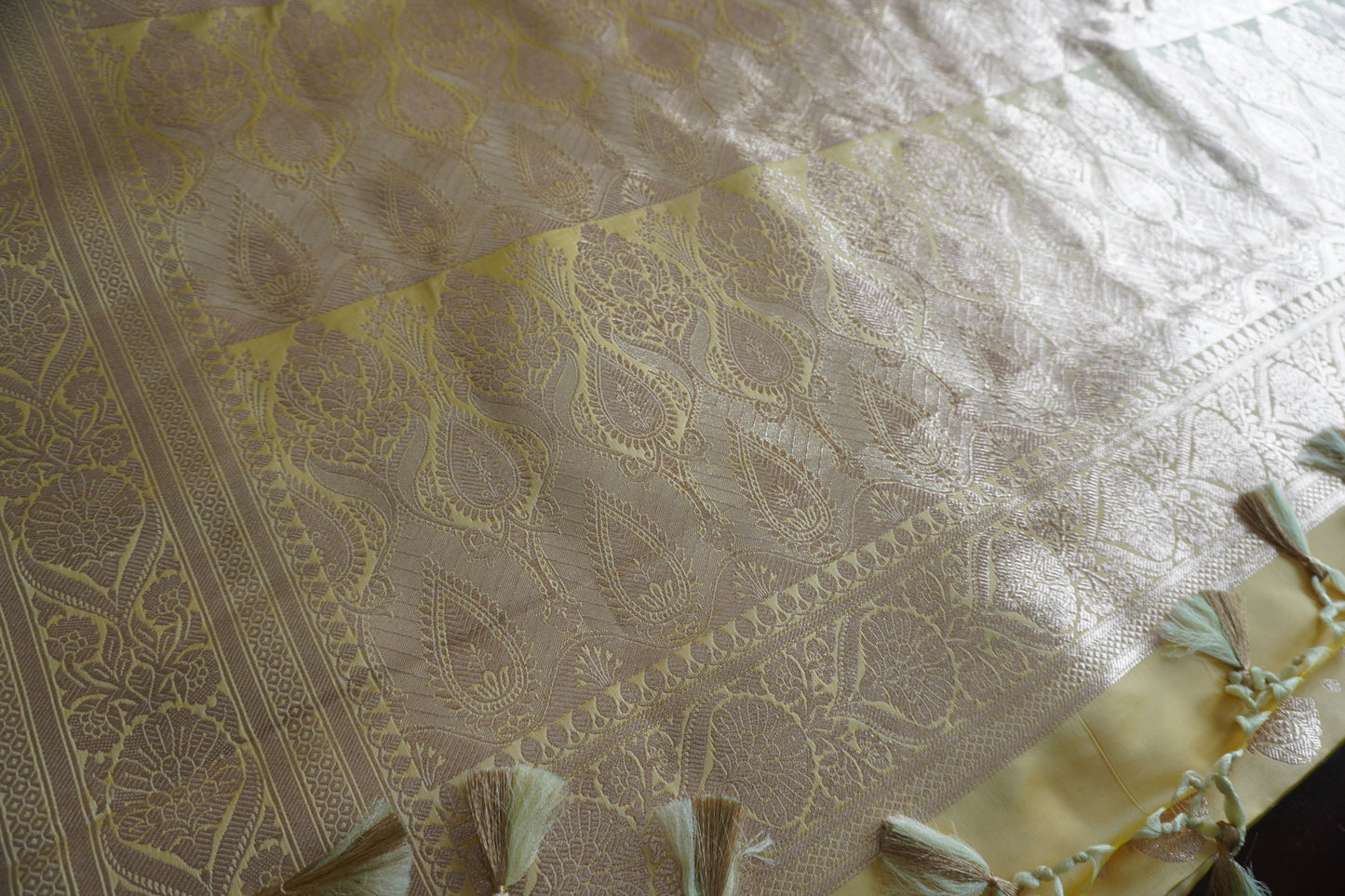 Beautiful Satin Banarasi Lemon Yellow saree | Golden zari | Sattva Weaves Sari | Free Shipping USA