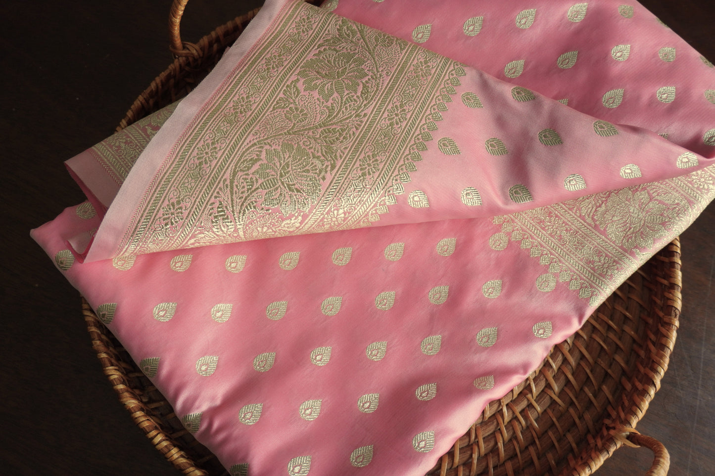 Beautiful Satin Banarasi Lotus pink saree | Golden zari | All over Butta | Sattva Weaves Sari | Free Shipping USA